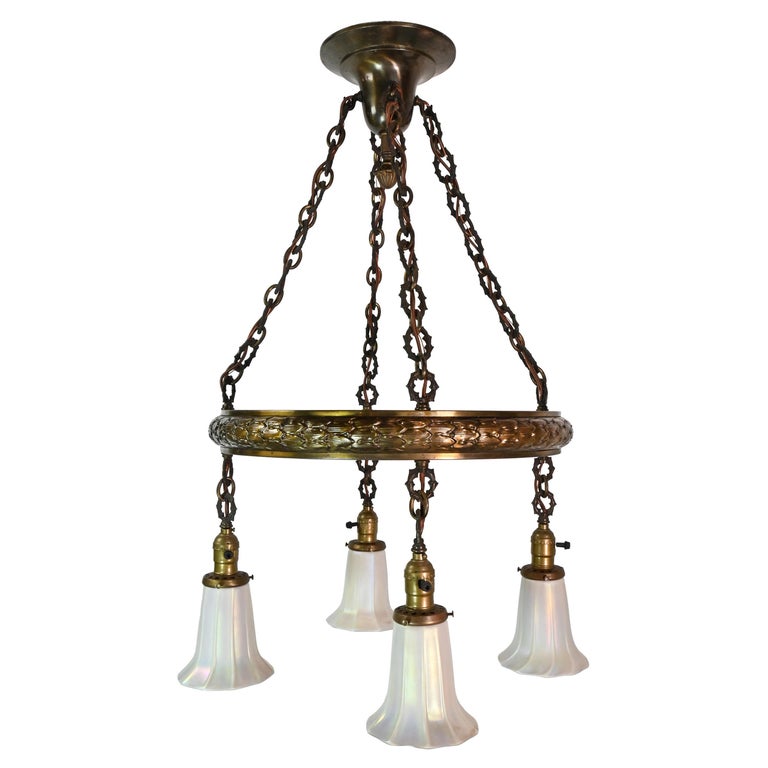 Open Brass Ring Chandelier with Quezal Shades at 1stDibs