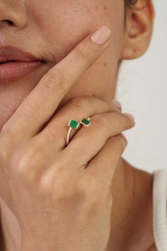 Open Bypass Octagon Cut Emerald & Diamond Toi et Moi Ring in 14K Yellow Gold