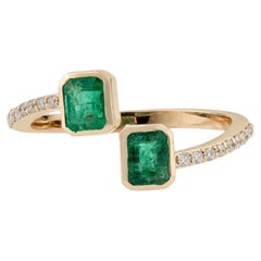 Open Bypass Octagon Cut Emerald & Diamond Toi et Moi Ring in 14K Yellow Gold