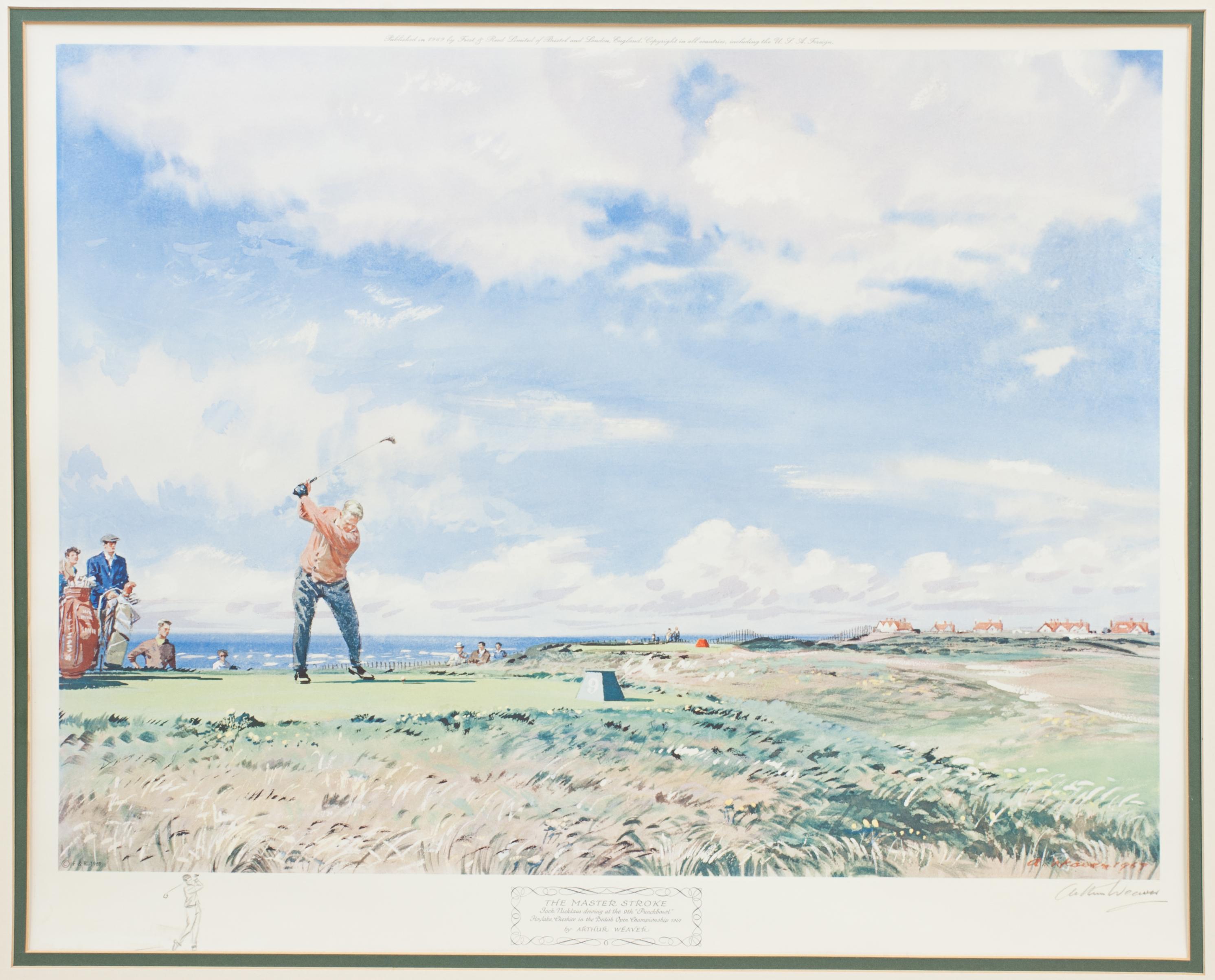 Jack Nicklaus Golf Print By Arthur Weaver.
A colourful golf lithograph signed by the artist, Arthur Weaver, of Jack Nicklaus driving at the 9th hole 