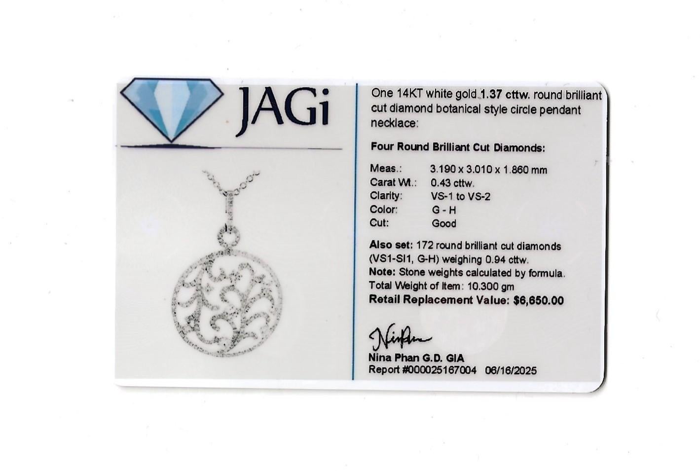 Collier à motif botanique en cercle ouvert avec pendentif en diamant rond en or blanc 14 carats en vente 7