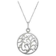 Open Circle Botanical Motif Round Diamond Pendant Necklace 14 Karat White Gold