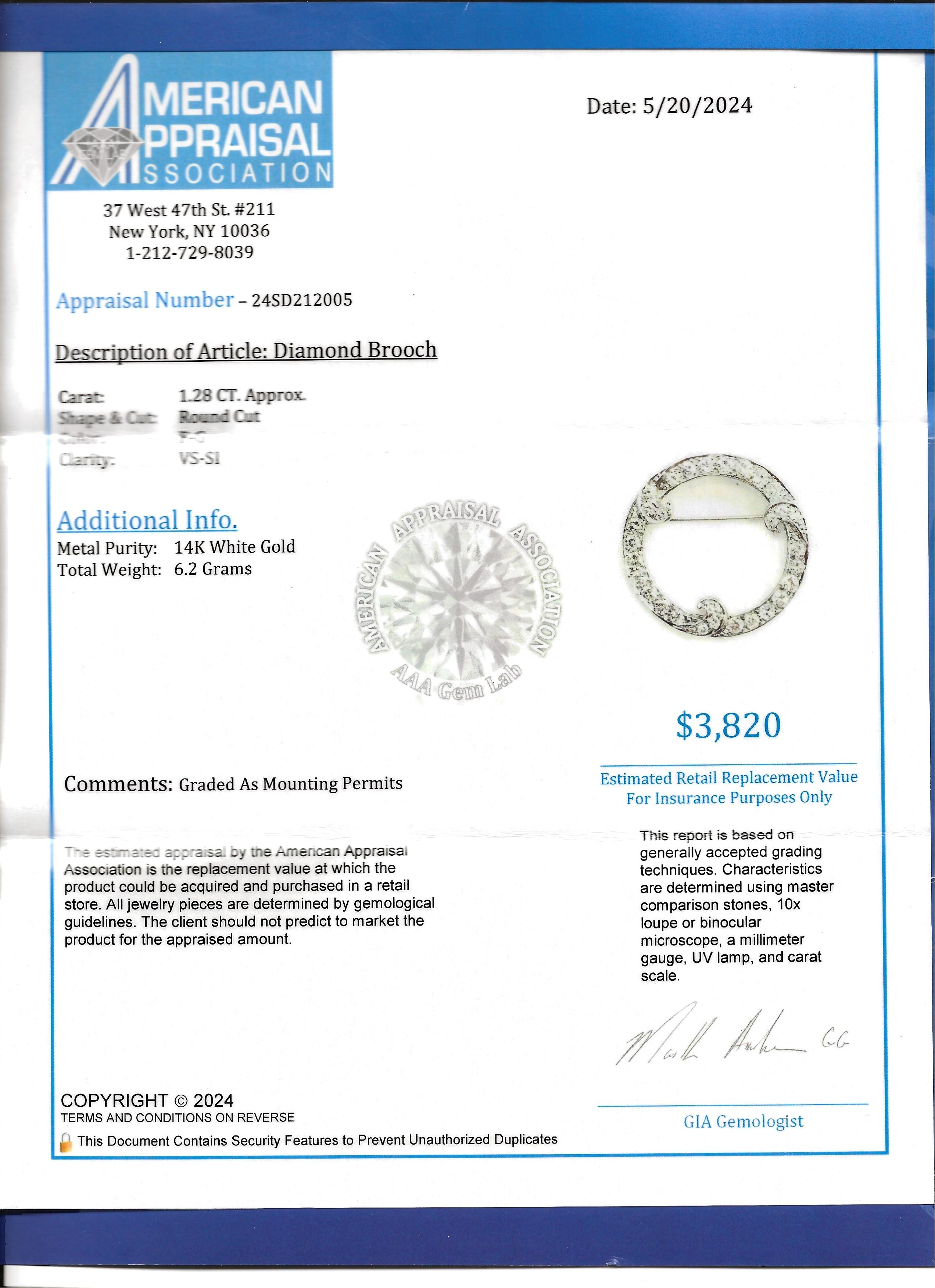 Broche Círculo Abierto con Diamantes Redondos y Detalle Remolino en Oro Blanco de 14 Kilates en venta 2
