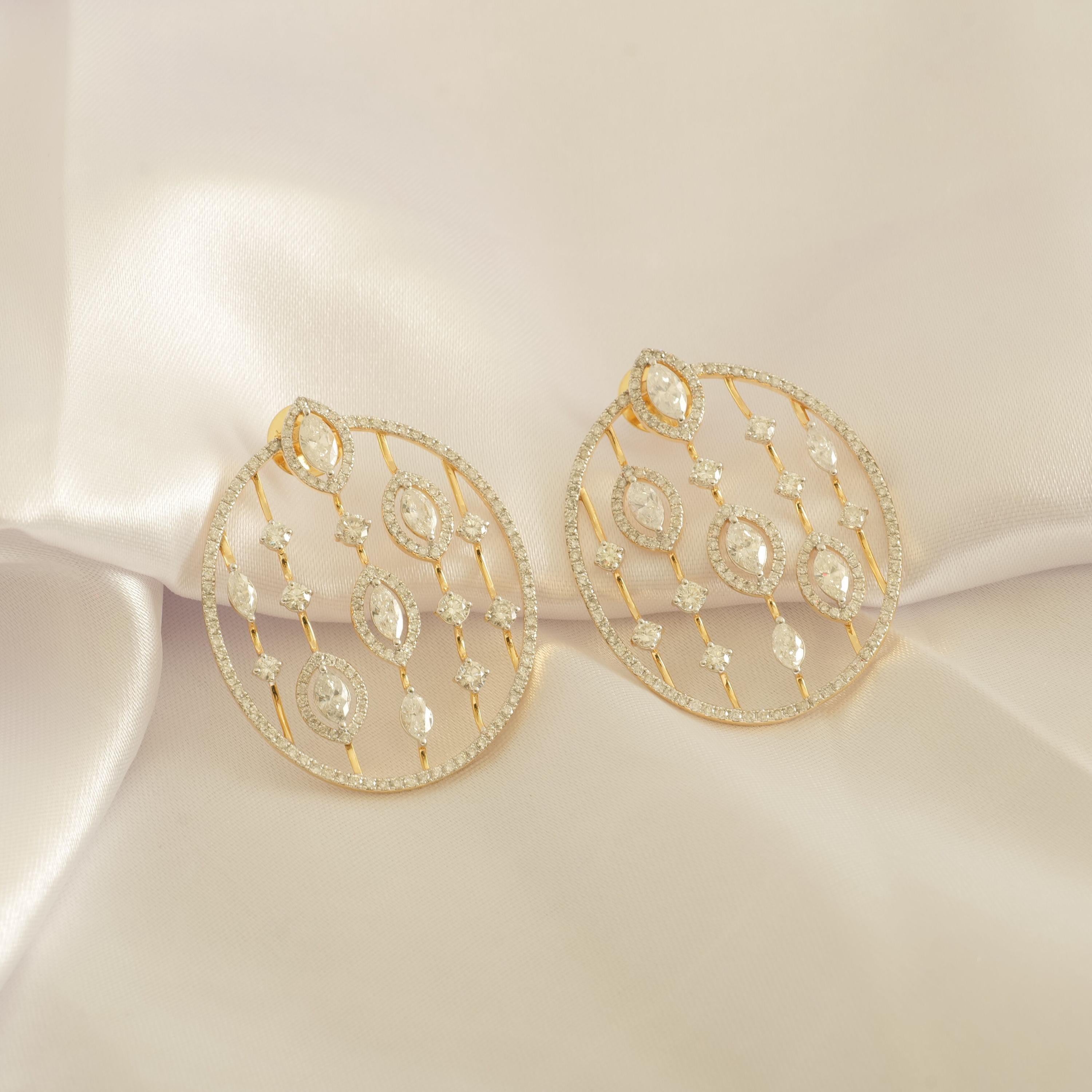 Taglio rotondo Orecchini da cocktail con diamanti a cerchio aperto in oro massiccio 14K (certificati) in vendita