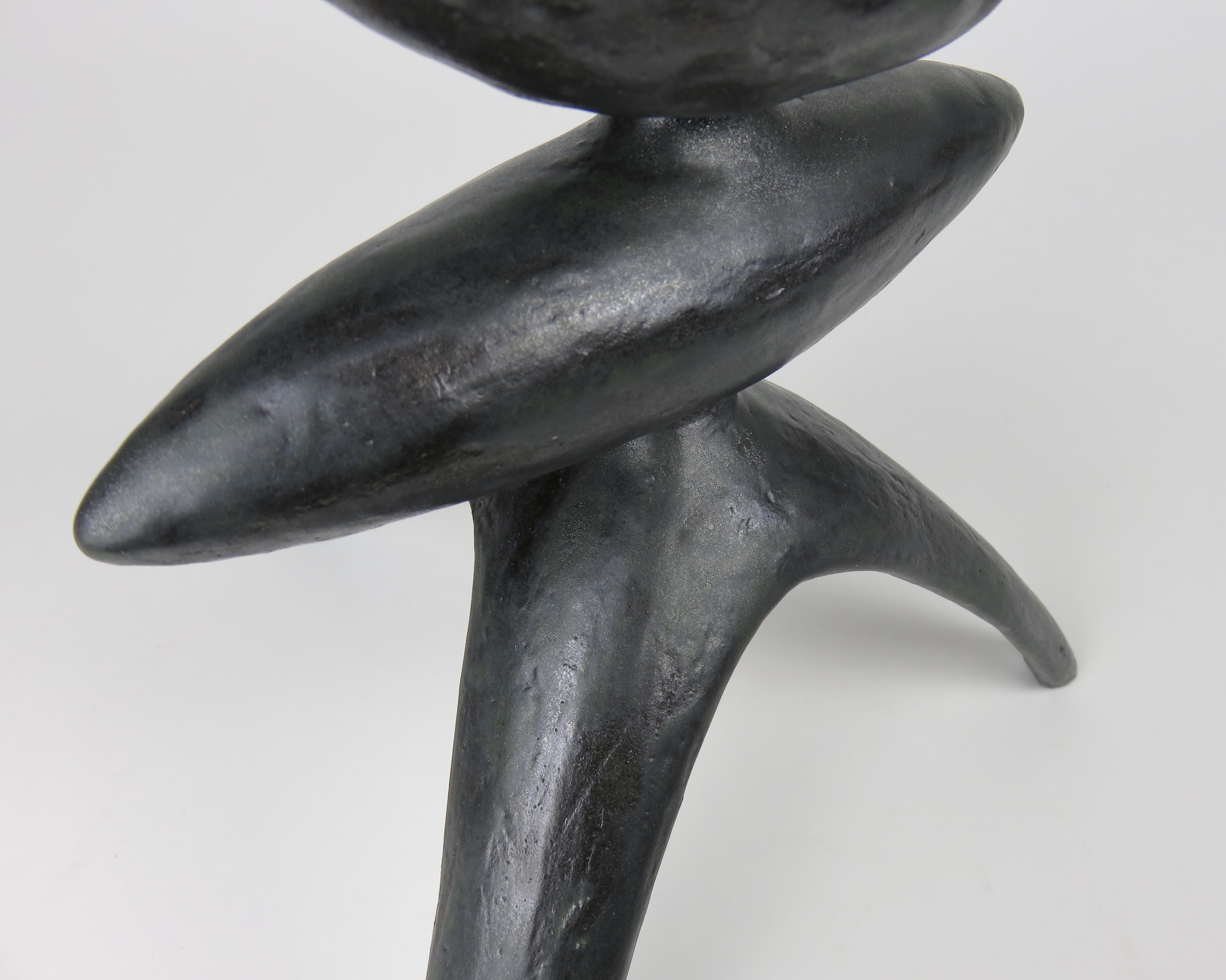 Open Crimped Curve Top, Elongated Center, Tripod Legs, Black Ceramic TOTEM For Sale 6