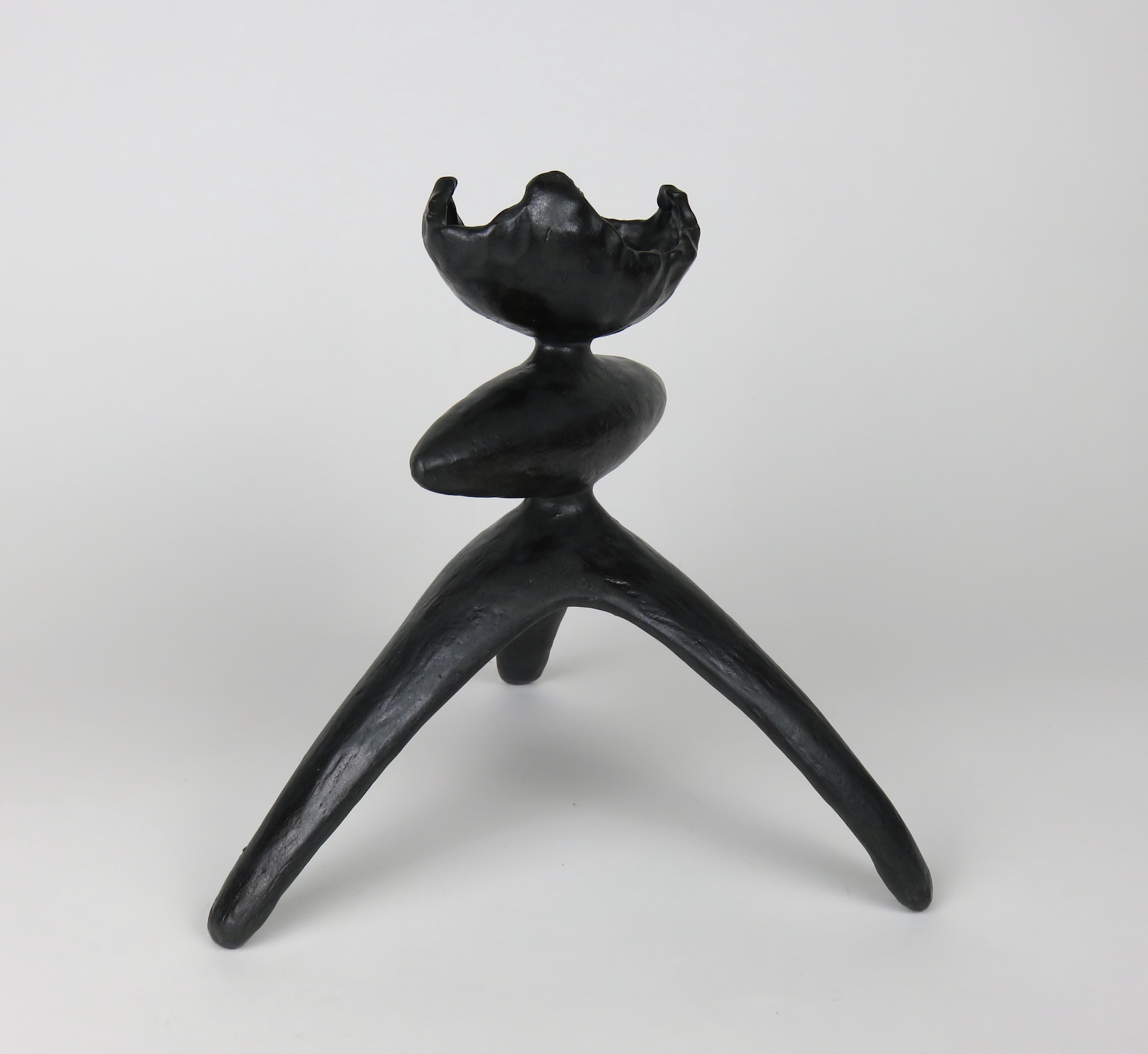 Organic Modern Open Crimped Curve Top, Elongated Center, Tripod Legs, Black Ceramic TOTEM For Sale