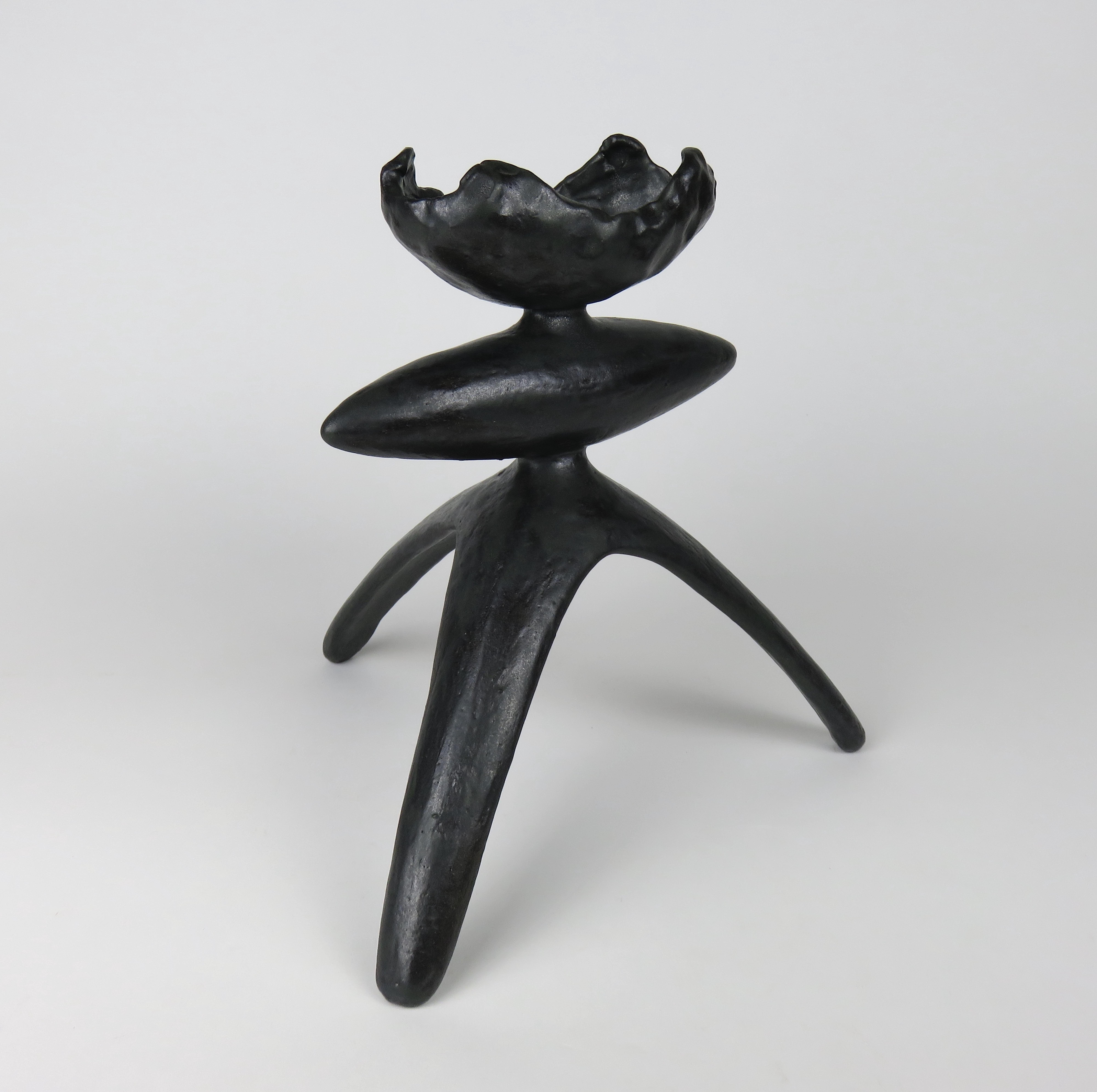 Glazed Open Crimped Curve Top, Elongated Center, Tripod Legs, Black Ceramic TOTEM For Sale