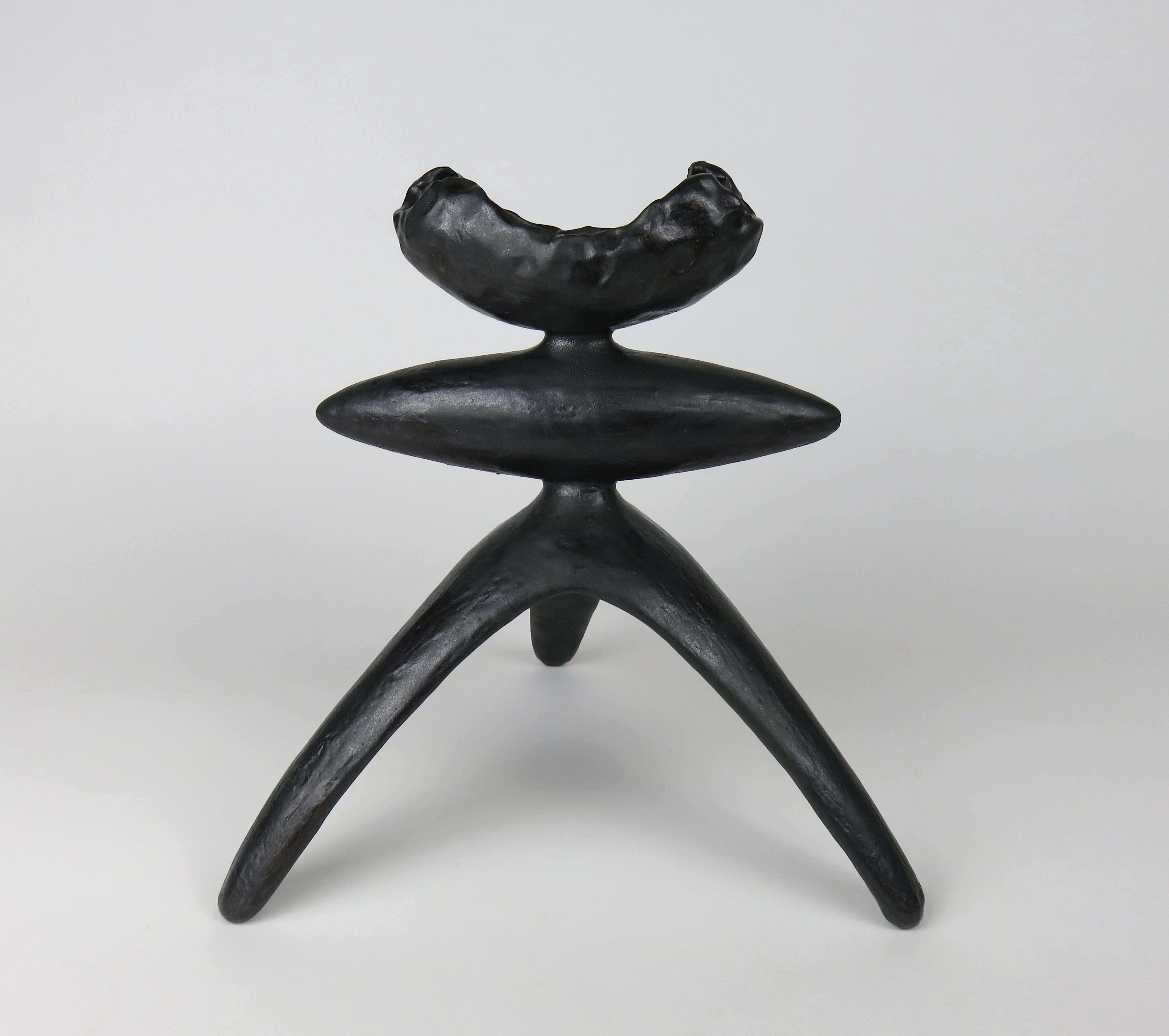 Contemporary Open Crimped Curve Top, Elongated Center, Tripod Legs, Black Ceramic TOTEM For Sale