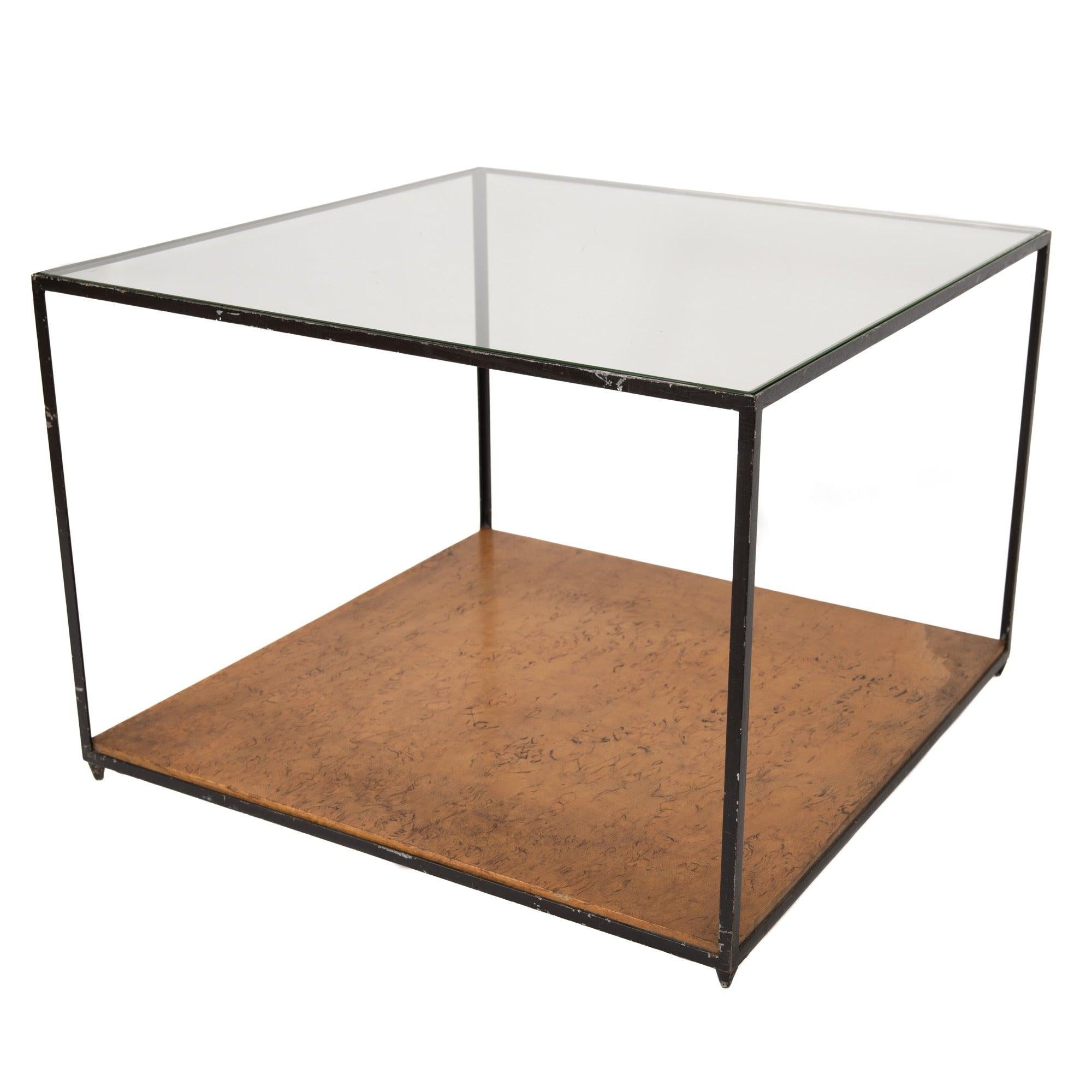 a rare glass top open cube frame cocktail table with a Carpathian Elm Burl lower shelf supported by a thin steel frame with a baked enamel finish Model No.4610.