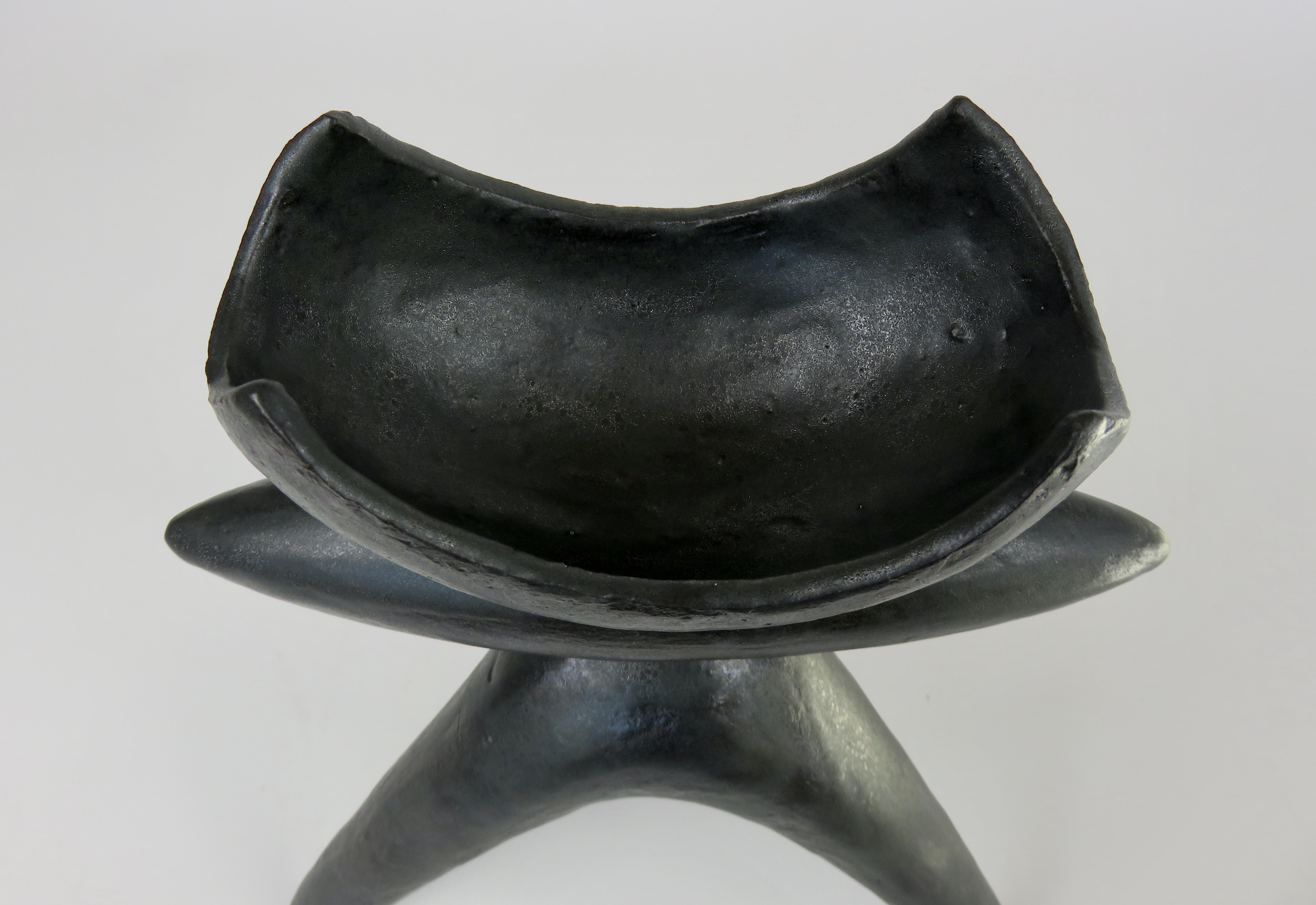 Open Curved-Top Black Ceramic TOTEM, Elliptical Center, Tripod Legs, Hand Built 3