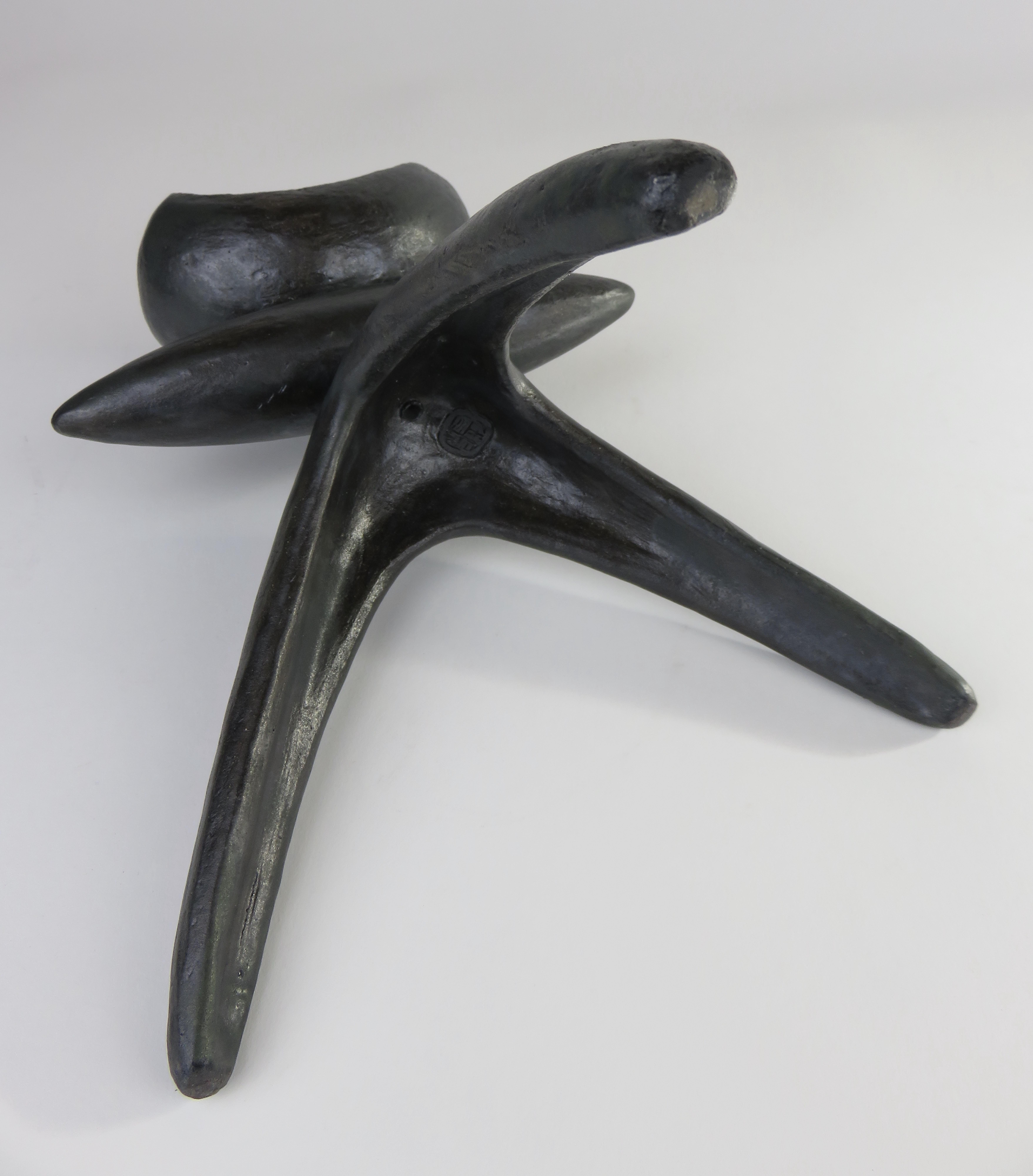 Open Curved-Top Black Ceramic TOTEM, Elliptical Center, Tripod Legs, Hand Built 6