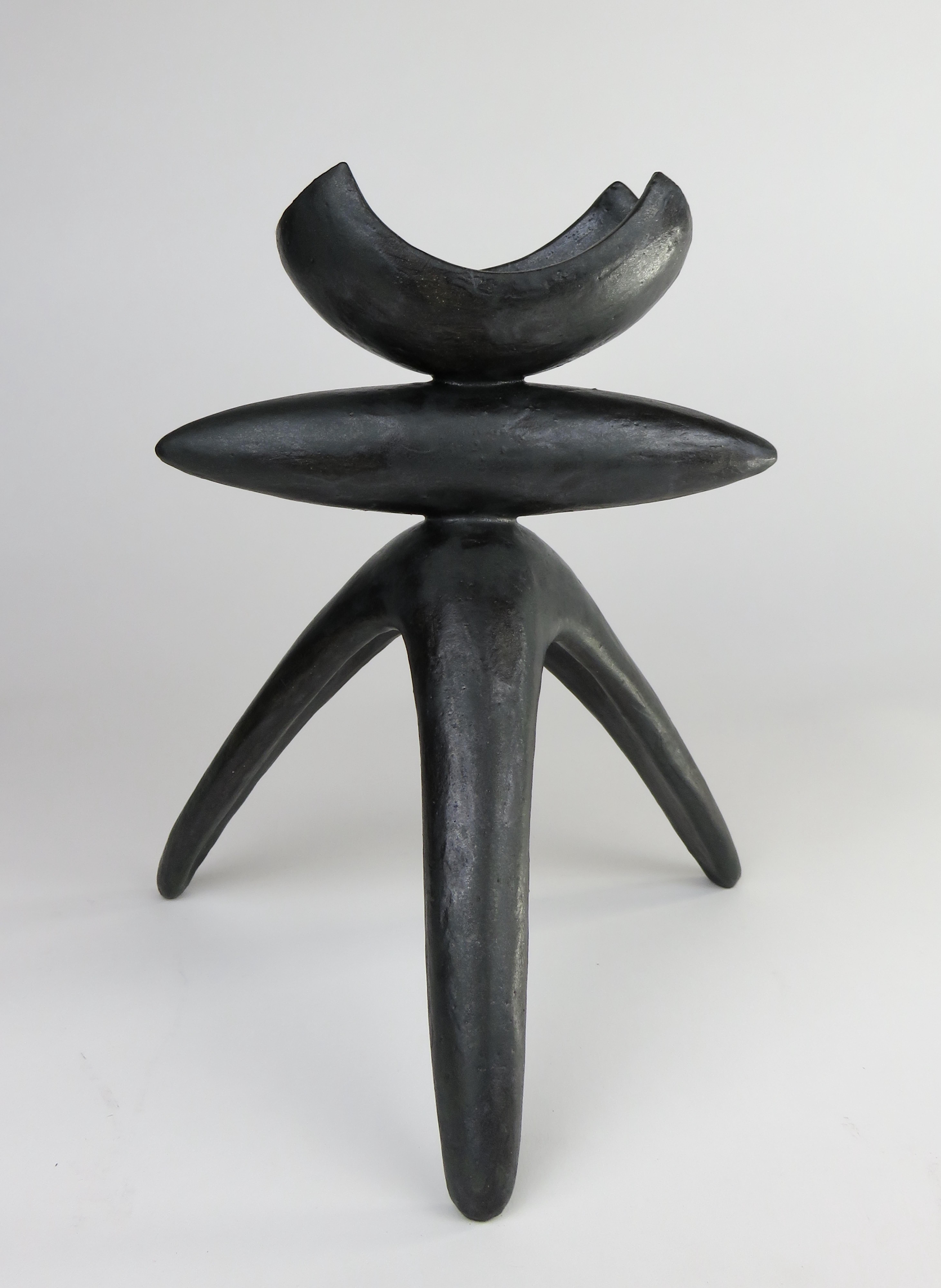 Organic Modern Open Curved-Top Black Ceramic TOTEM, Elliptical Center, Tripod Legs, Hand Built