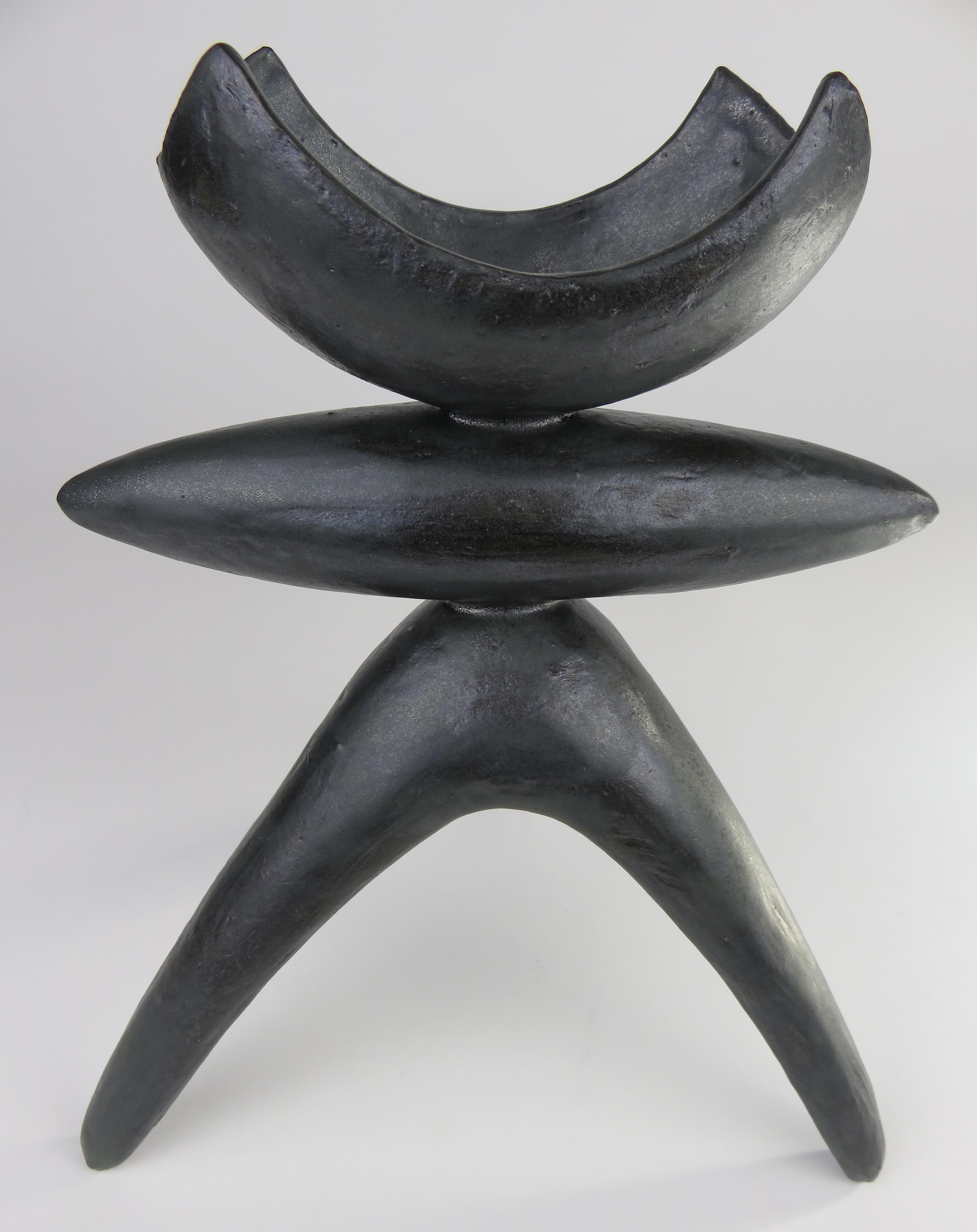 Open Curved-Top Black Ceramic TOTEM, Elliptical Center, Tripod Legs, Hand Built In New Condition In New York, NY