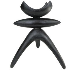 Open Curved-Top Black Ceramic TOTEM, Elliptical Center, Tripod Legs, Hand Built