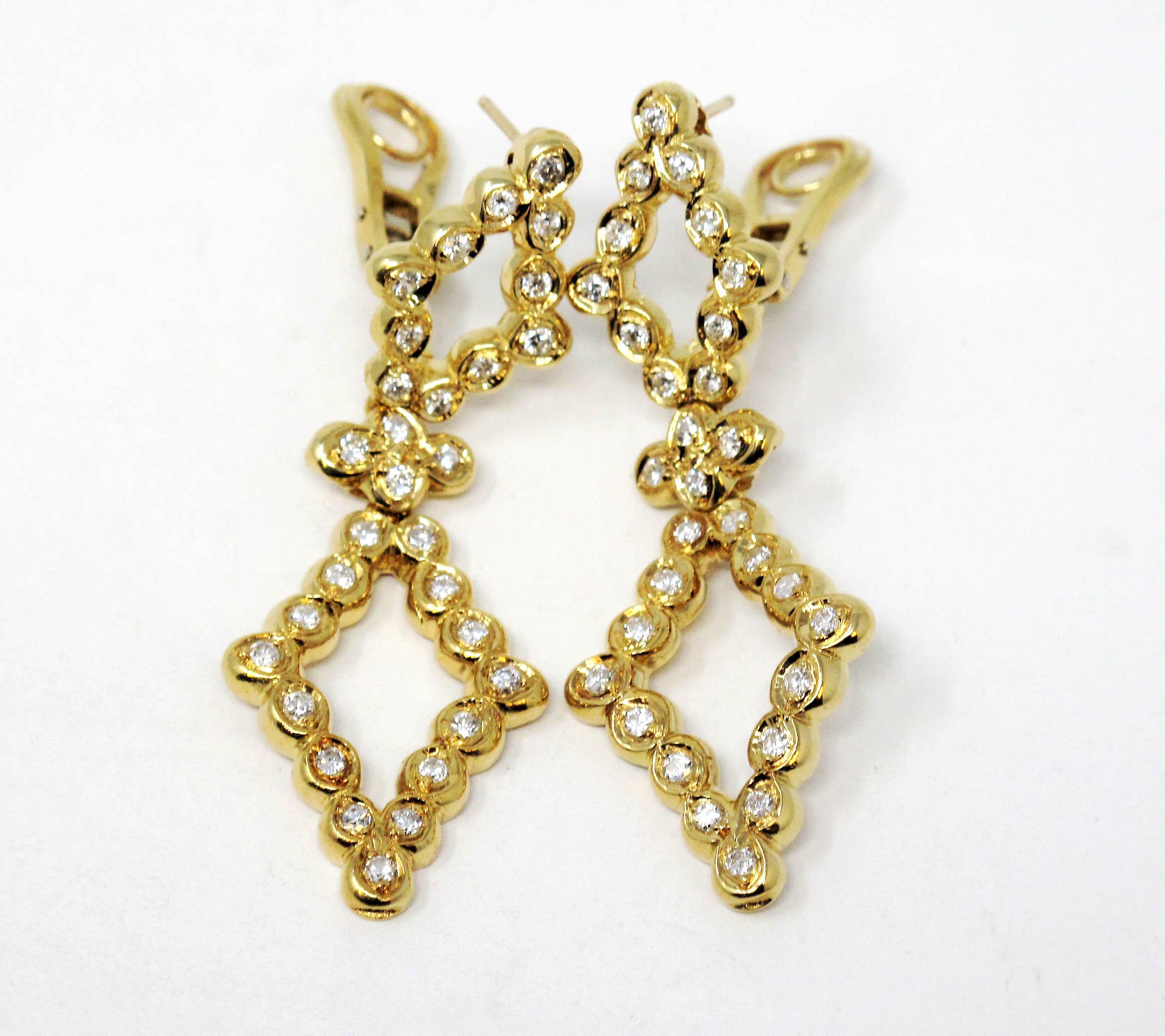 Contemporary Open Diamond Drop 1.20 Carats Total Diamond Earrings in 18 Karat Yellow Gold For Sale