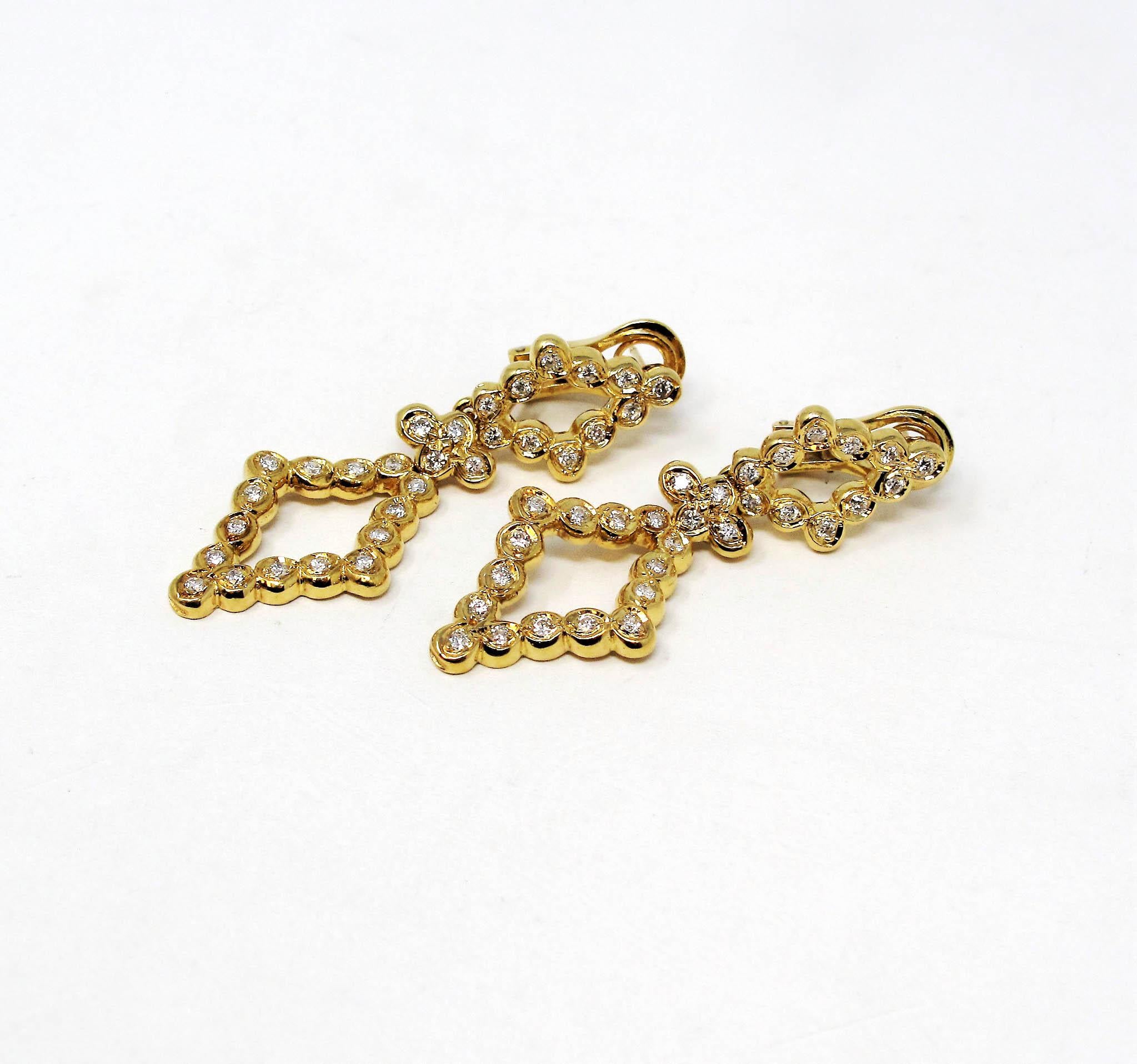 Round Cut Open Diamond Drop 1.20 Carats Total Diamond Earrings in 18 Karat Yellow Gold For Sale