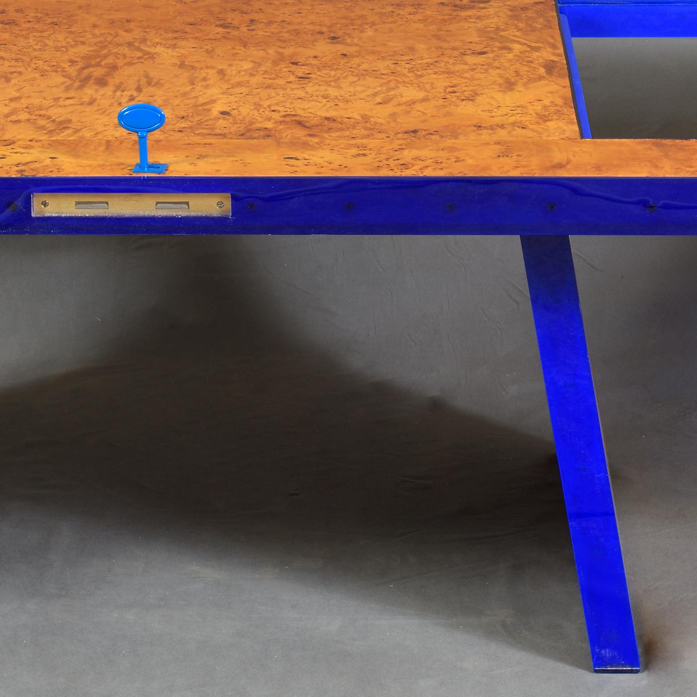 The playful approach of artist Michele Iodice is actualized in this one-of-a-kind coffee table, whose top is a wooden door with cut-out elements transforming into slightly slanted legs. Enlivened by vibrant accents in electric-blue plexiglas, this