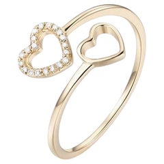 Open Double Heart Pave Round Diamond 14K Yellow Gold Ring