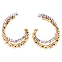 Open Double Row Ball & Diamond Post Earrings, 14K Yellow-White Gold Beaded Hoops