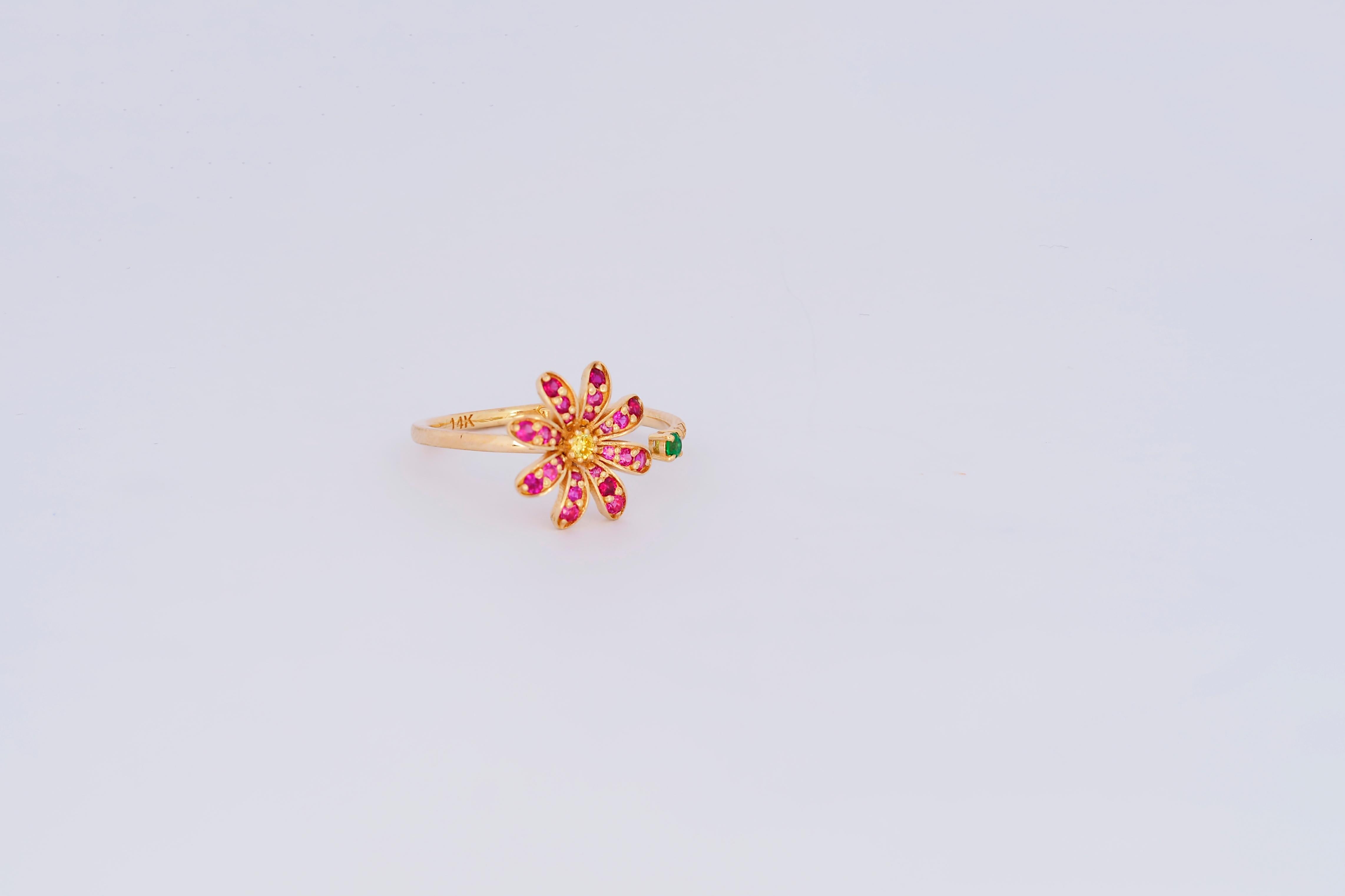 Open ended flower ring in 14k gold. Lab ruby, emerald, moissanites gold ring. Adjustable ring. Red gemstone flower ring. 

Metal: 14k gold
Weight: 2.3 gr depends from size

Gemstones:
Lab rubies: red color, round brilliant cut
Lab sapphire: yellow