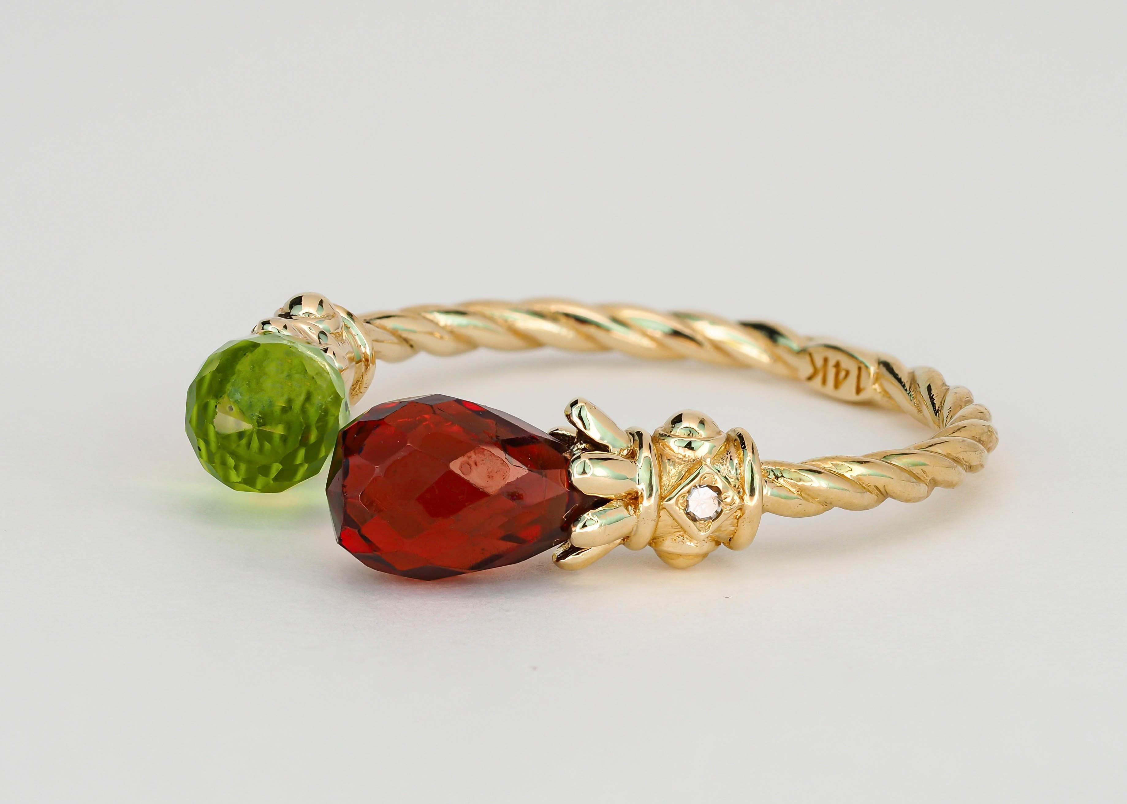 For Sale:   Open ended gold ring with peridot, garnet and diamonds 11