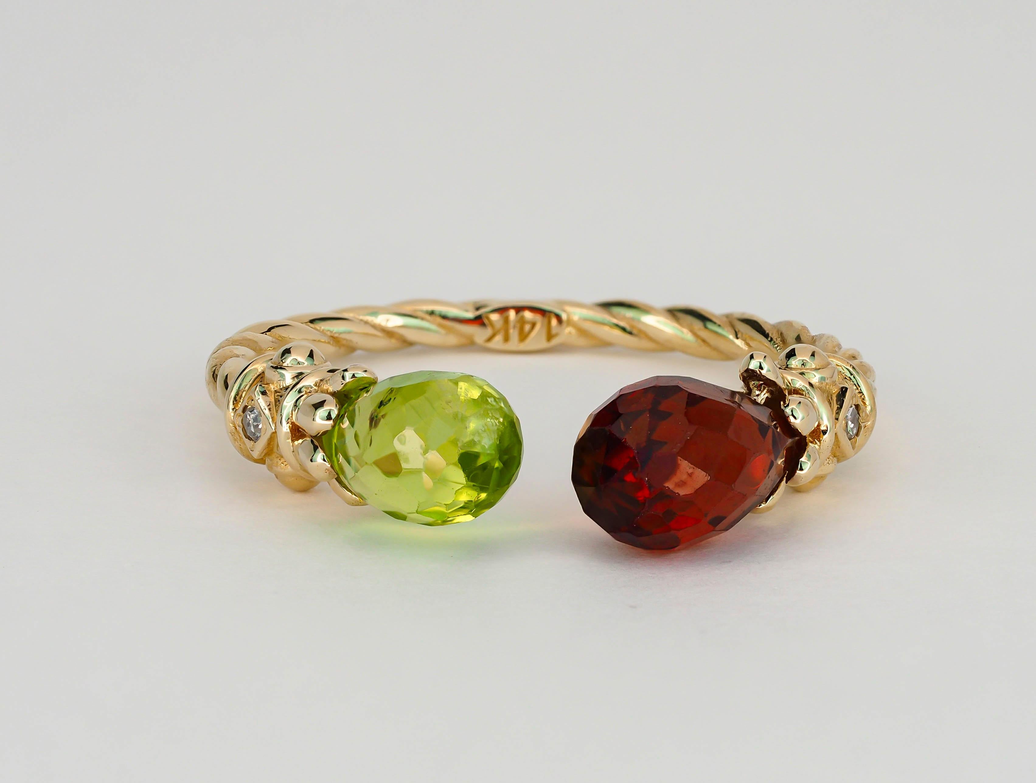 For Sale:   Open ended gold ring with peridot, garnet and diamonds 12
