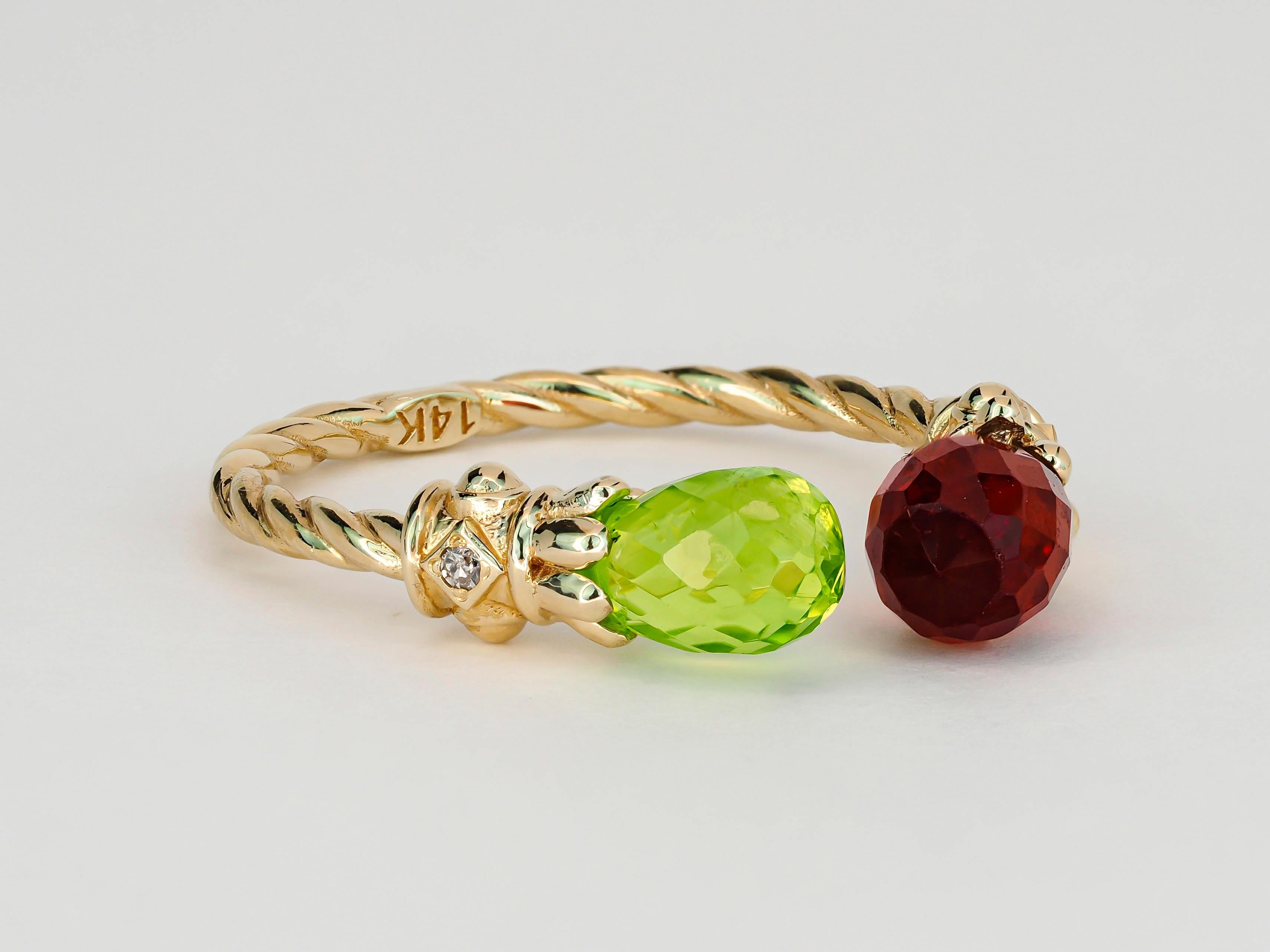 For Sale:   Open ended gold ring with peridot, garnet and diamonds 16