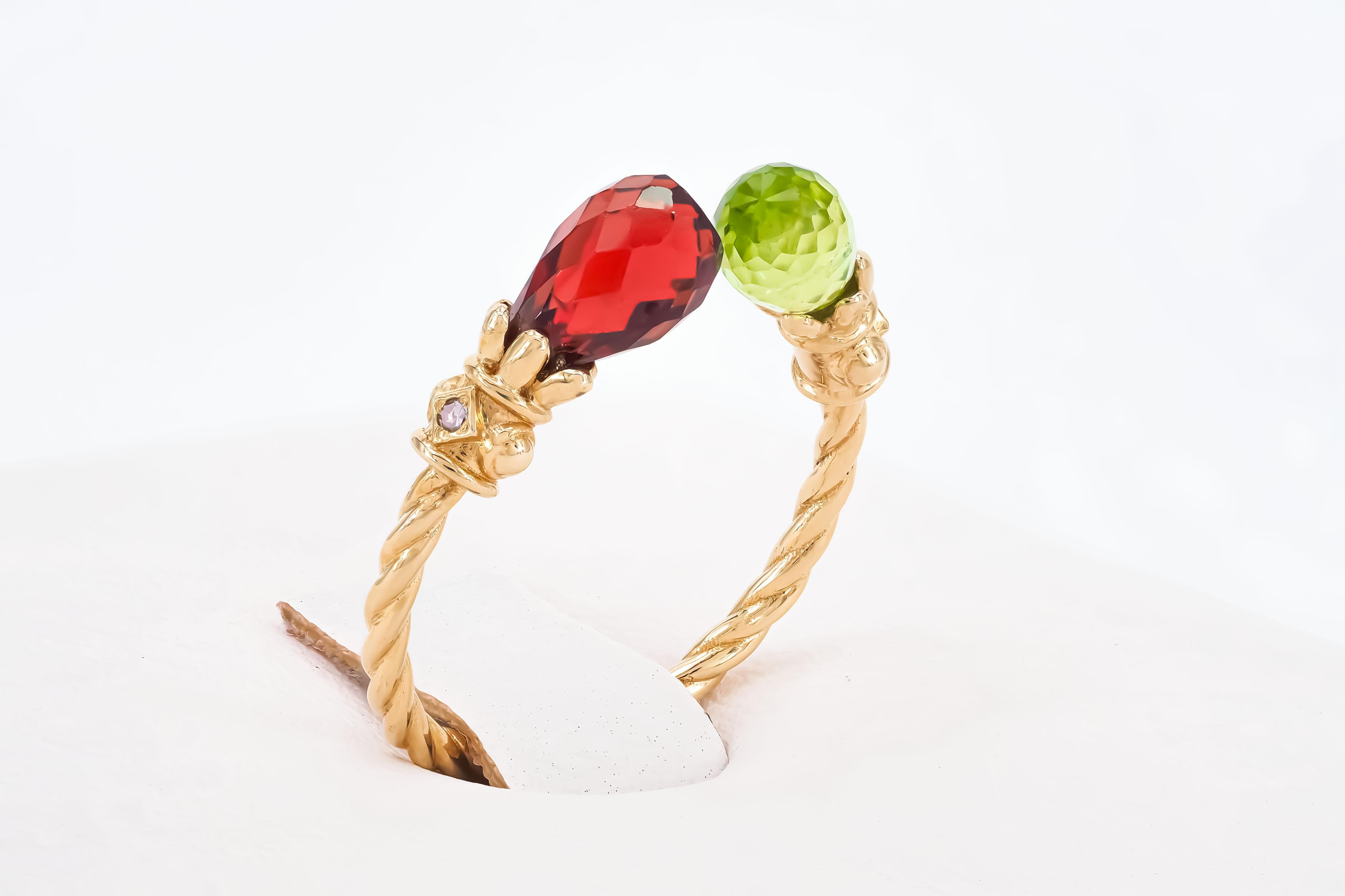 For Sale:   Open ended gold ring with peridot, garnet and diamonds 4