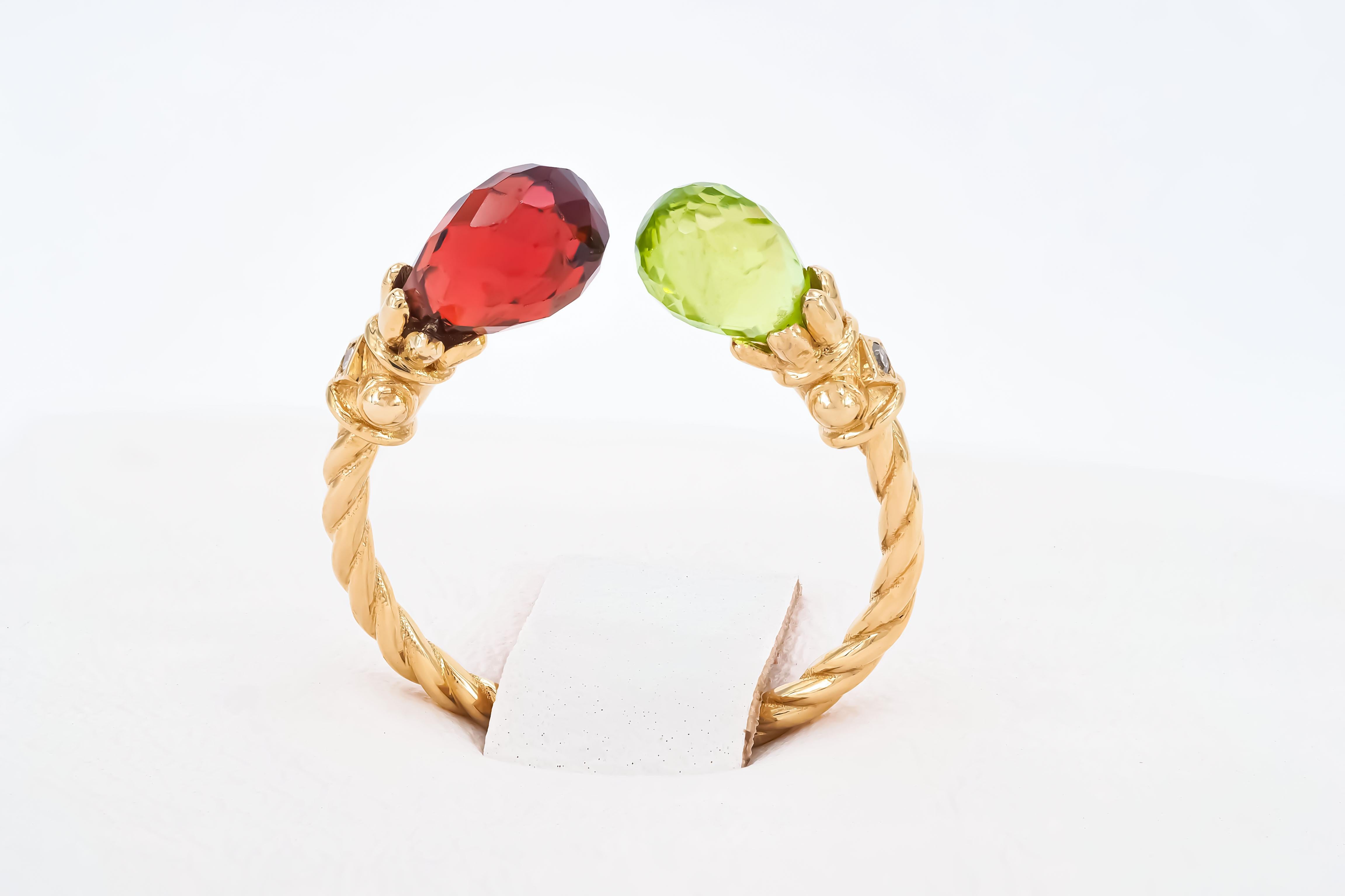 For Sale:   Open ended gold ring with peridot, garnet and diamonds 5