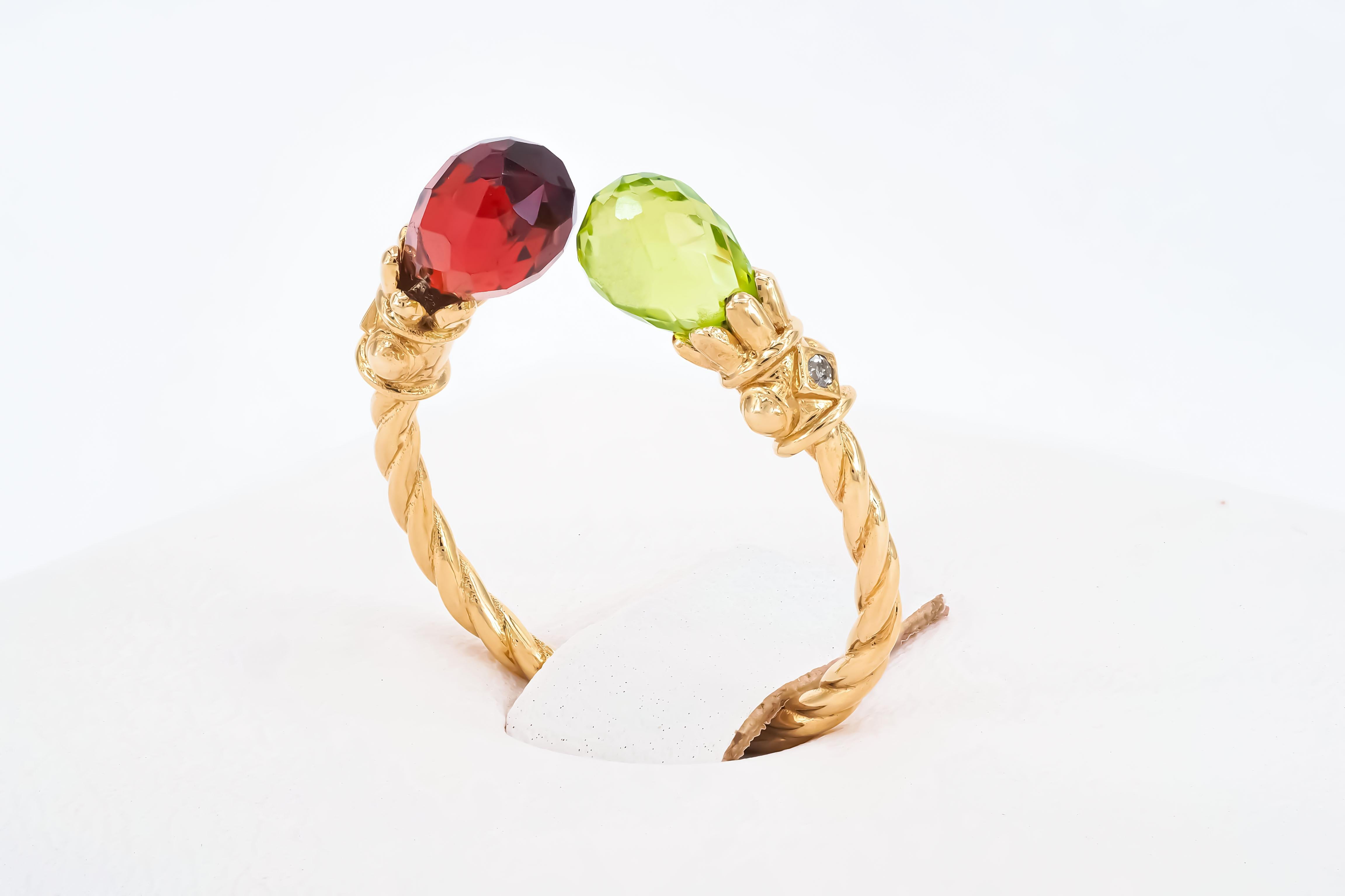 For Sale:   Open ended gold ring with peridot, garnet and diamonds 6