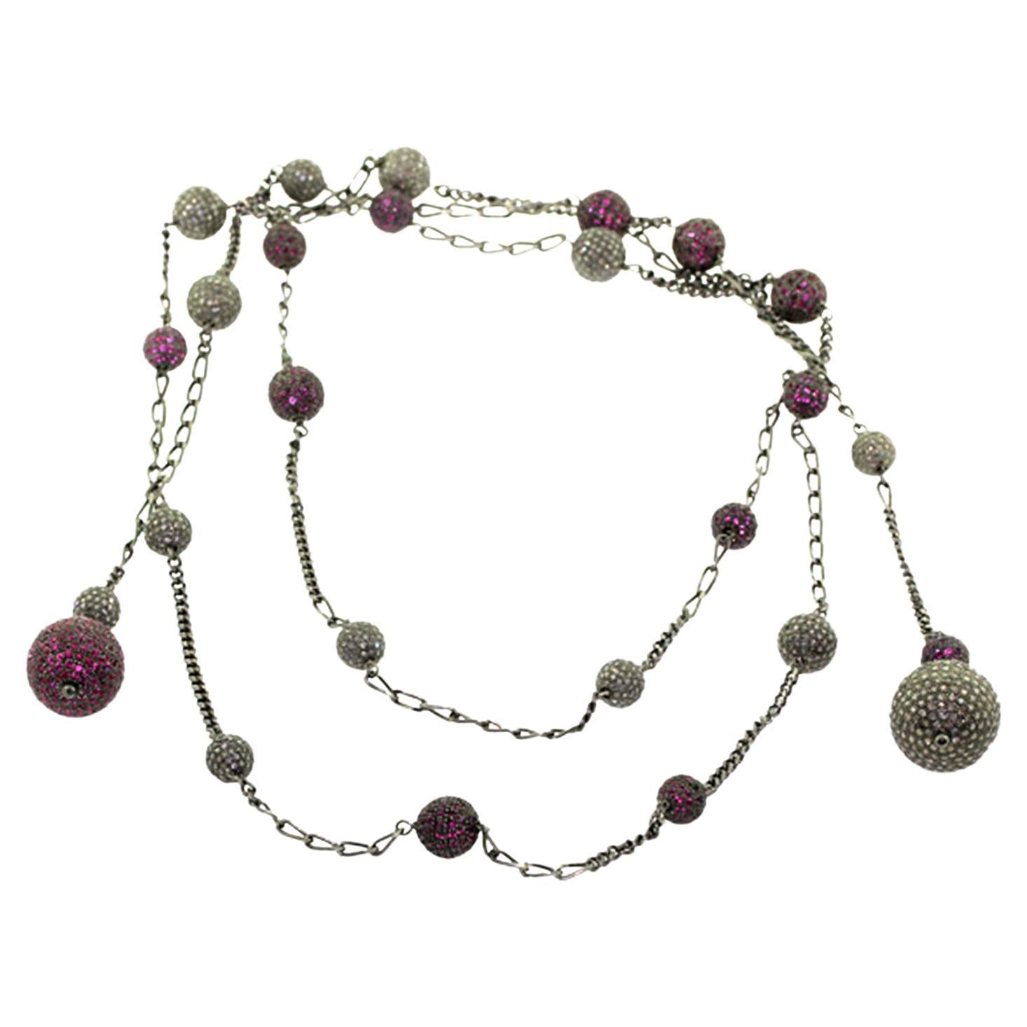 Open Ended Pave Ruby & Diamond Ball Chain Necklace For Sale