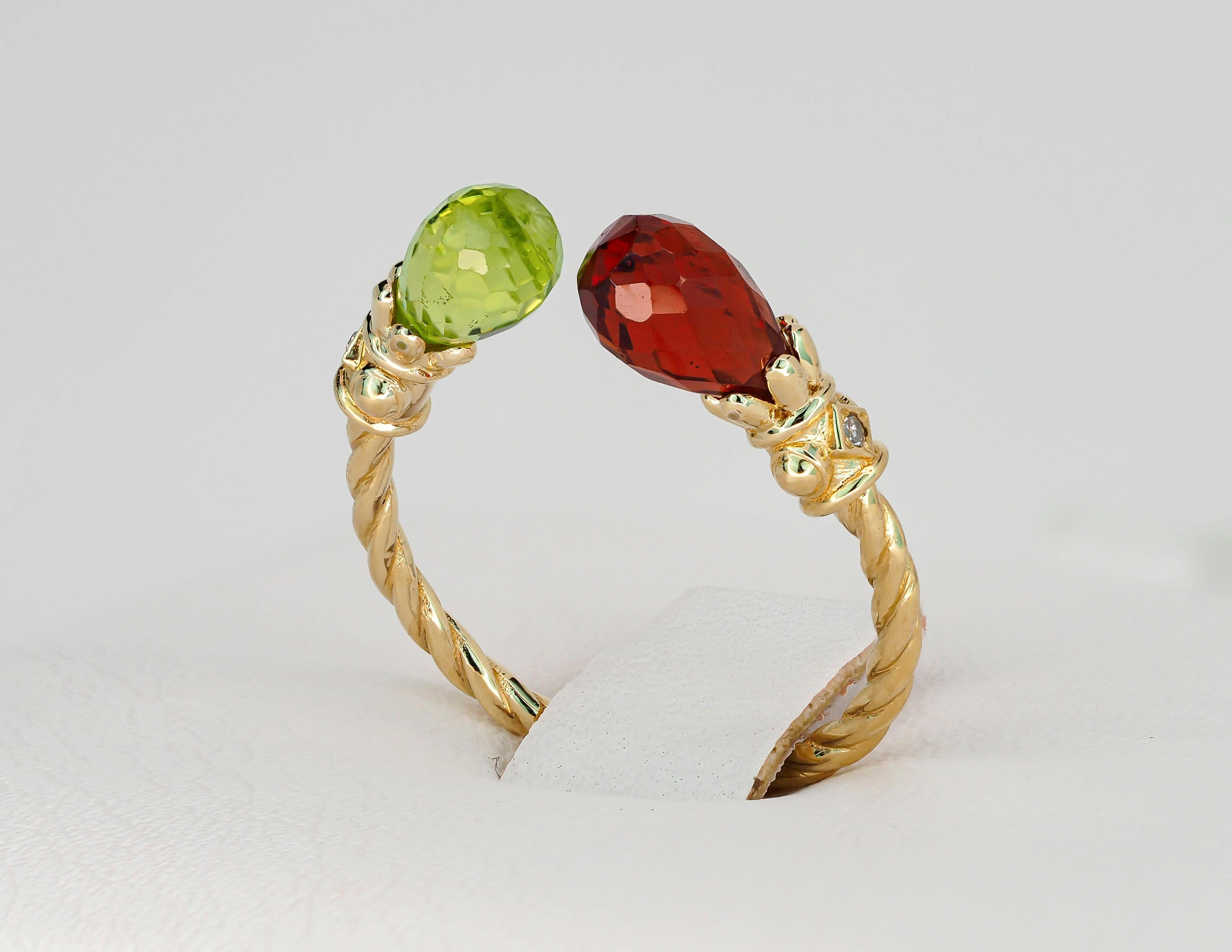 Open ended peridot, garnet 14k gold ring.  For Sale 1