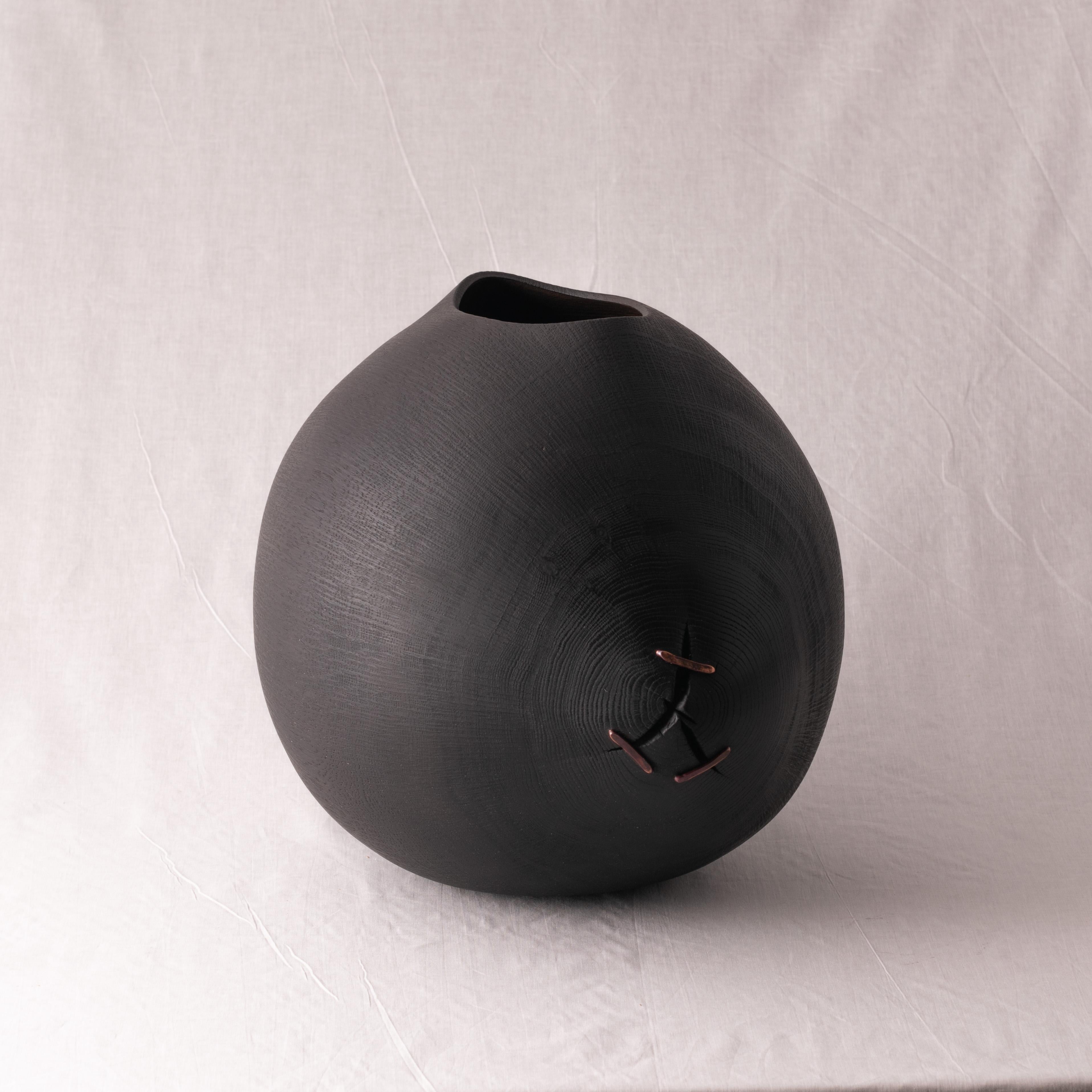 British Open form vessel in blackened oak with copper detail For Sale