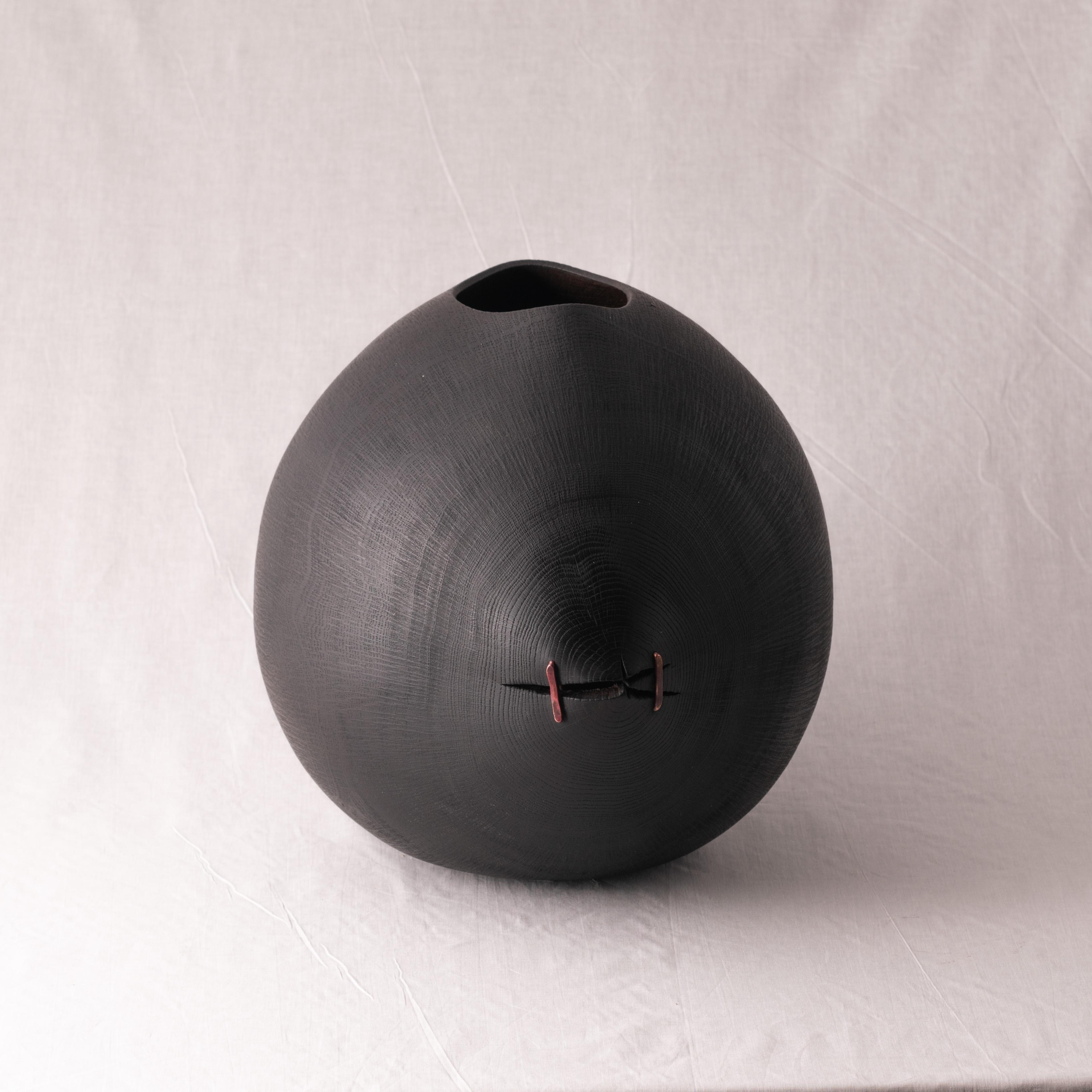 Open form vessel in blackened oak with copper detail In New Condition For Sale In St. Ives, GB