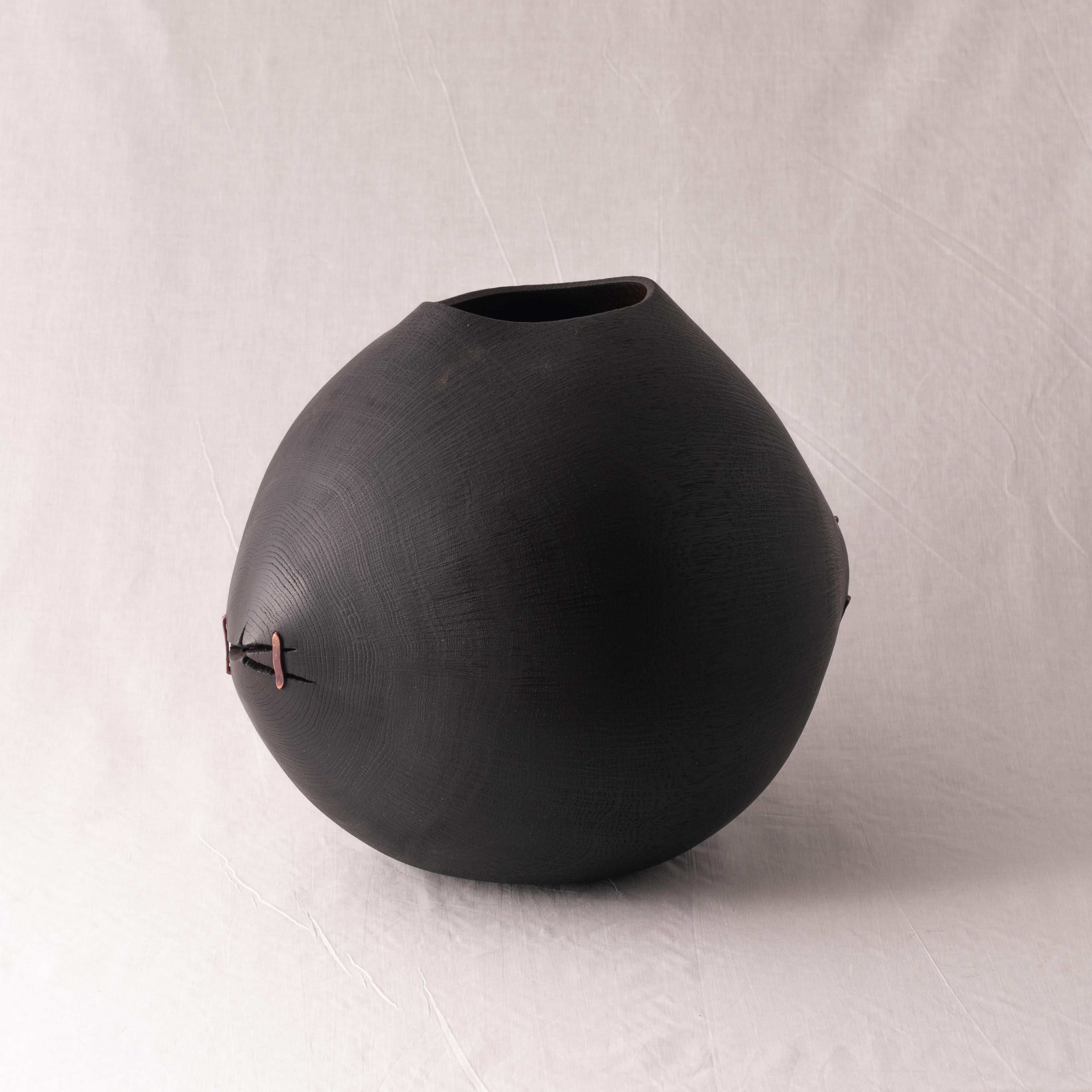 Contemporary Open form vessel in blackened oak with copper detail For Sale