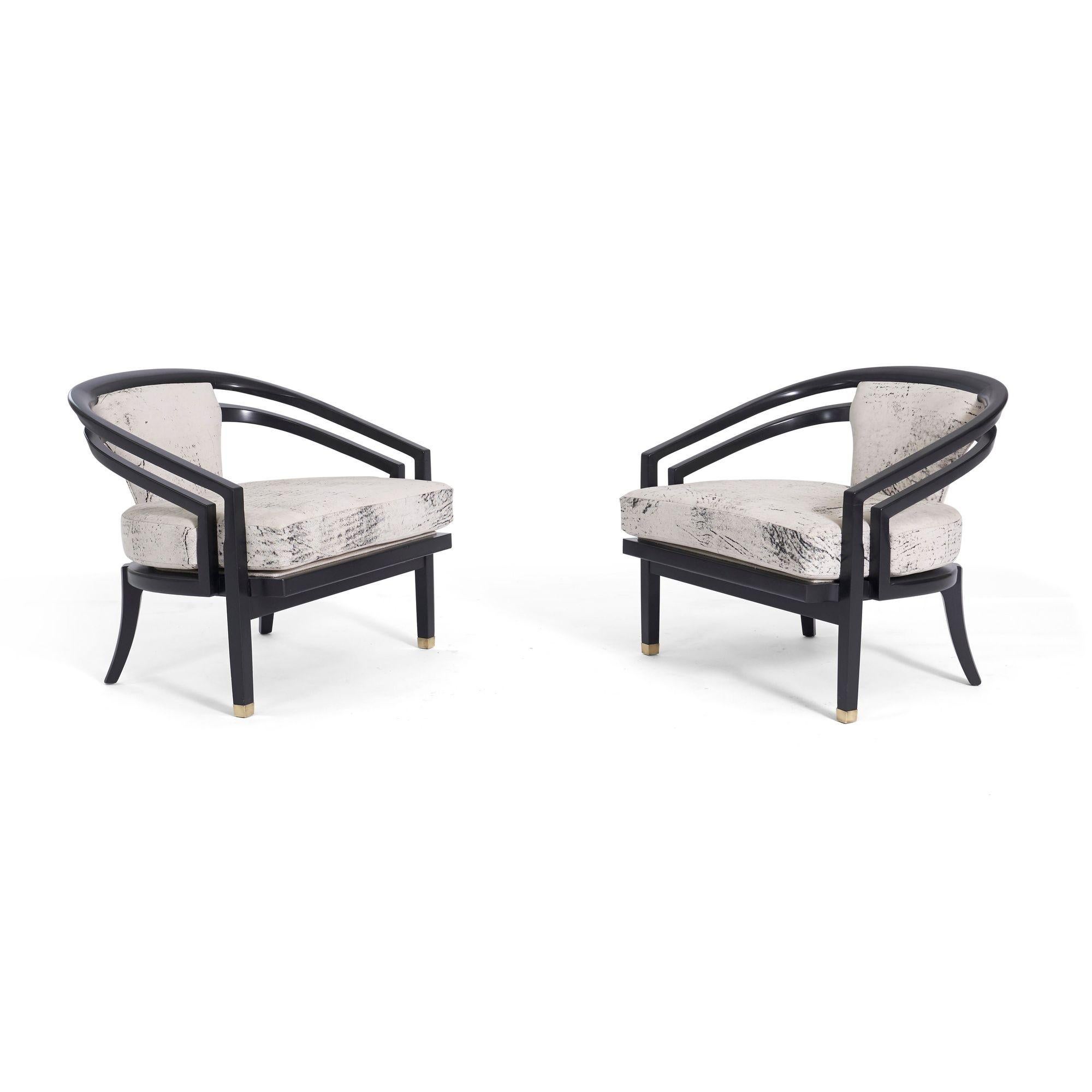 Open frame lounge chairs, attributed to Harvey Probber. Chairs have been fully restored and upholstered in leather.