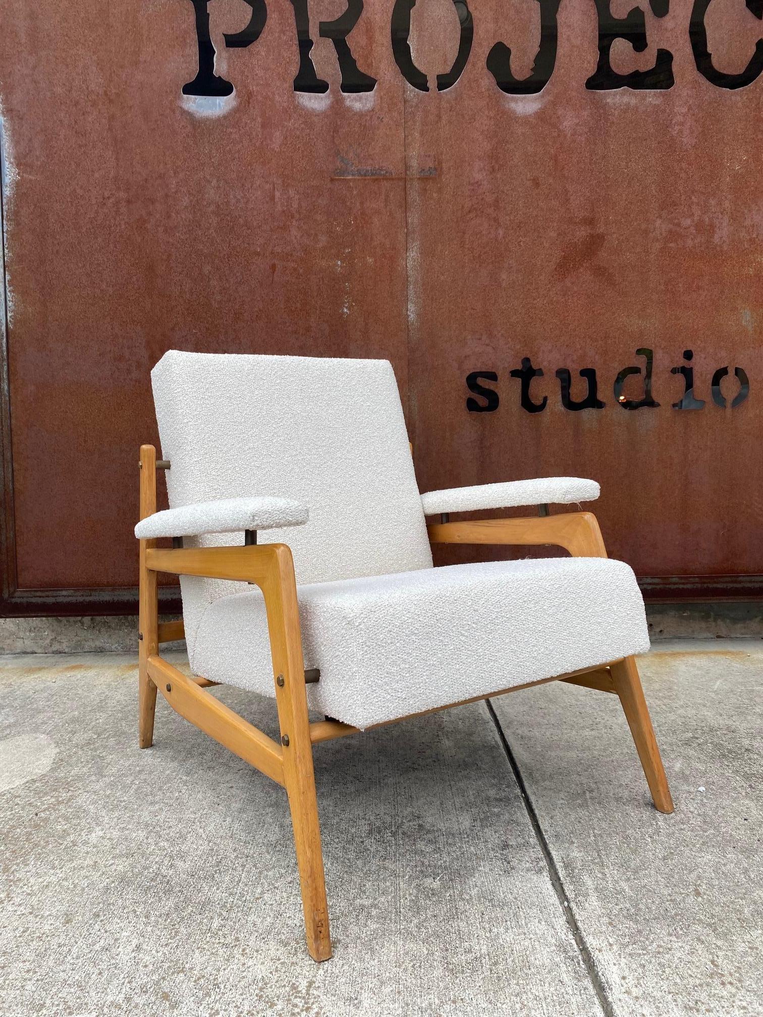 Mid-Century Modern Open Frame Solid Beech with Bouclé Armchairs, Italy, 1950's For Sale