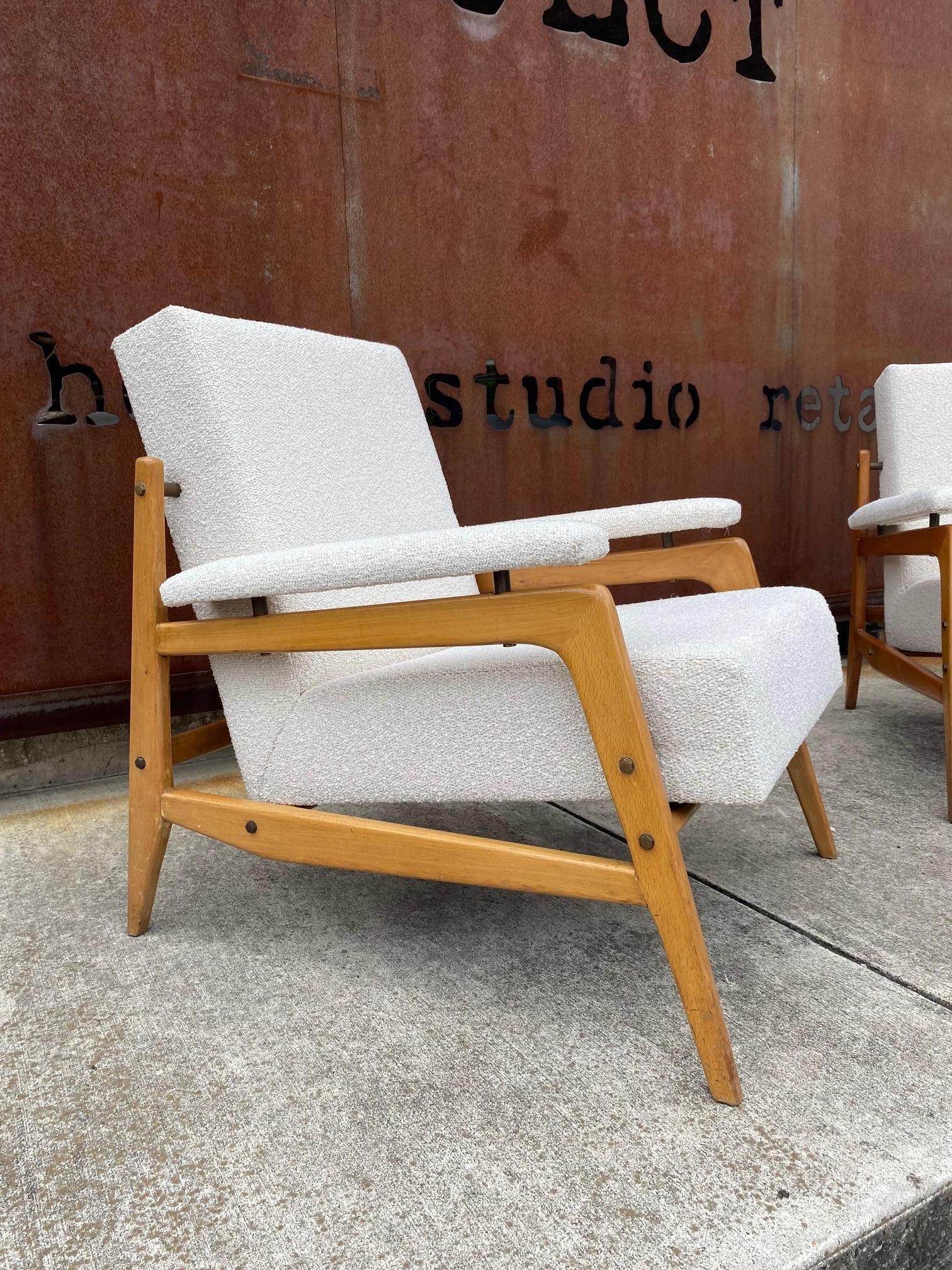 Italian Open Frame Solid Beech with Bouclé Armchairs, Italy, 1950's For Sale