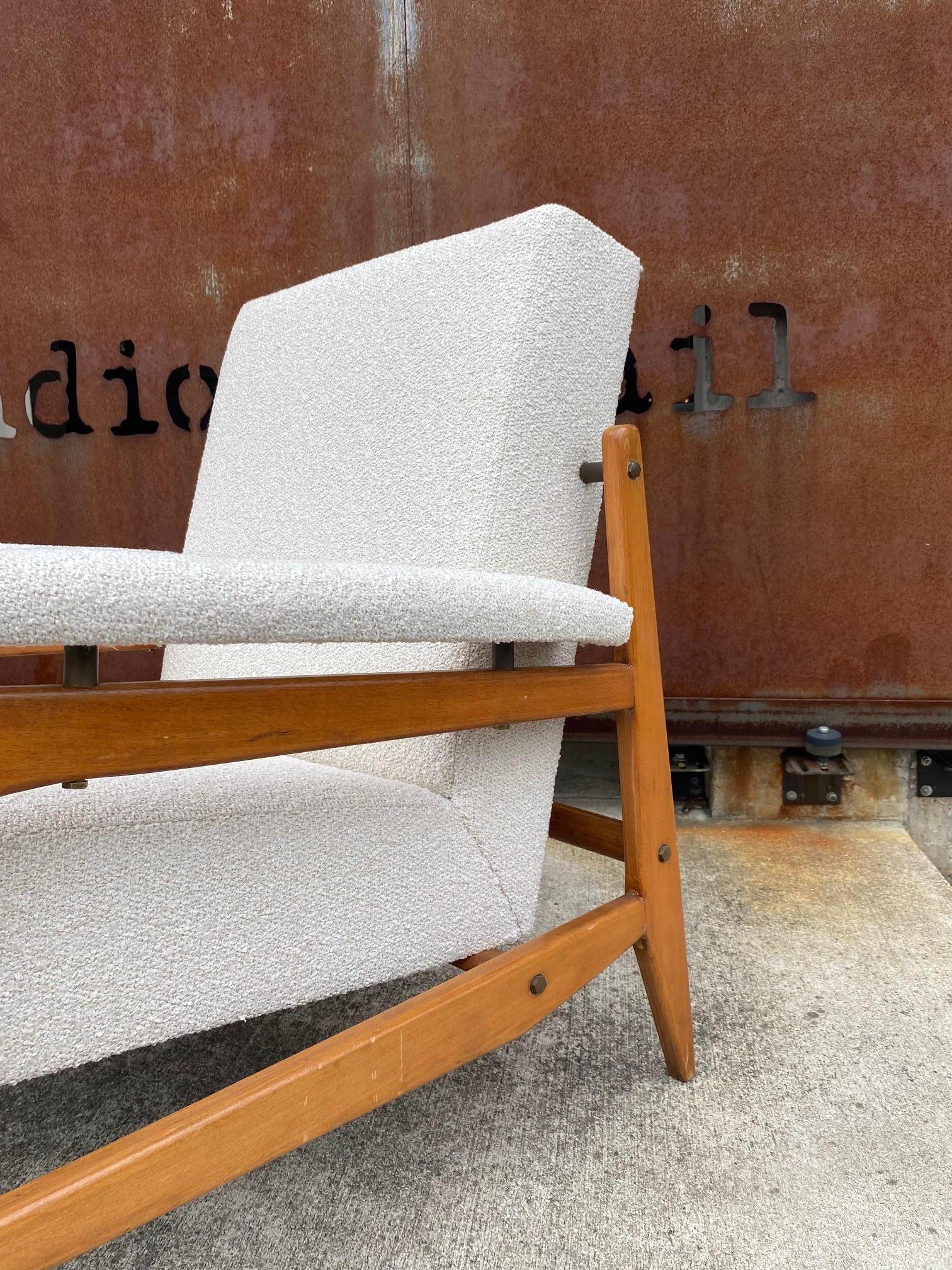 Open Frame Solid Beech with Bouclé Armchairs, Italy, 1950's In Good Condition For Sale In Austin, TX