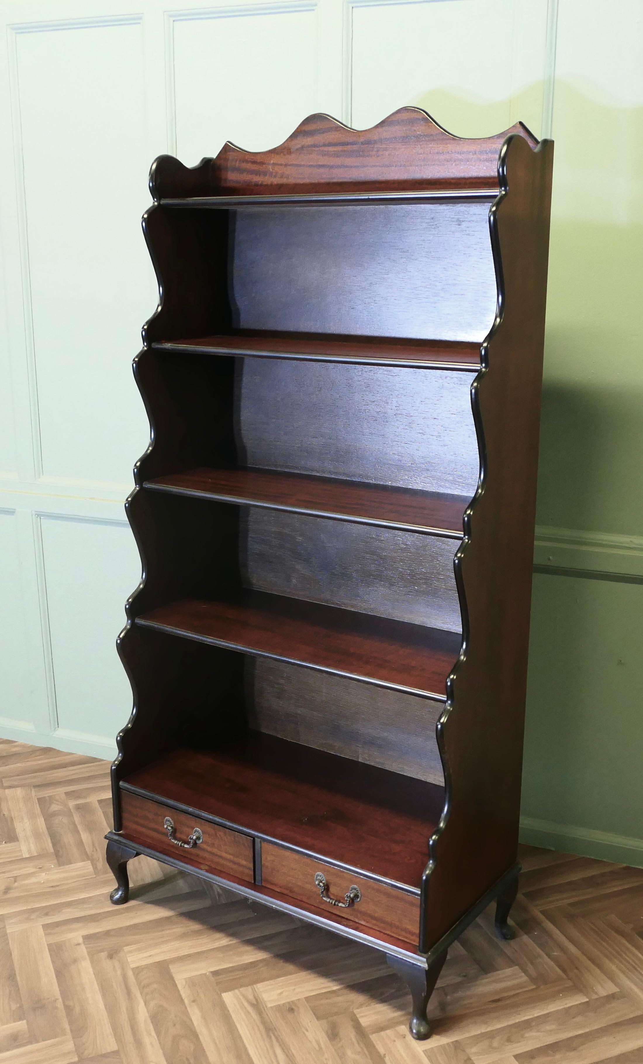 Sapele Wood Open Front Waterfall Bookcase with Drawers  This is an excellently designed and For Sale