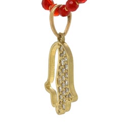 "Open Halfsies" Hamsa with 0.78cts Diamonds in 18K Gold on Carnelian Necklace