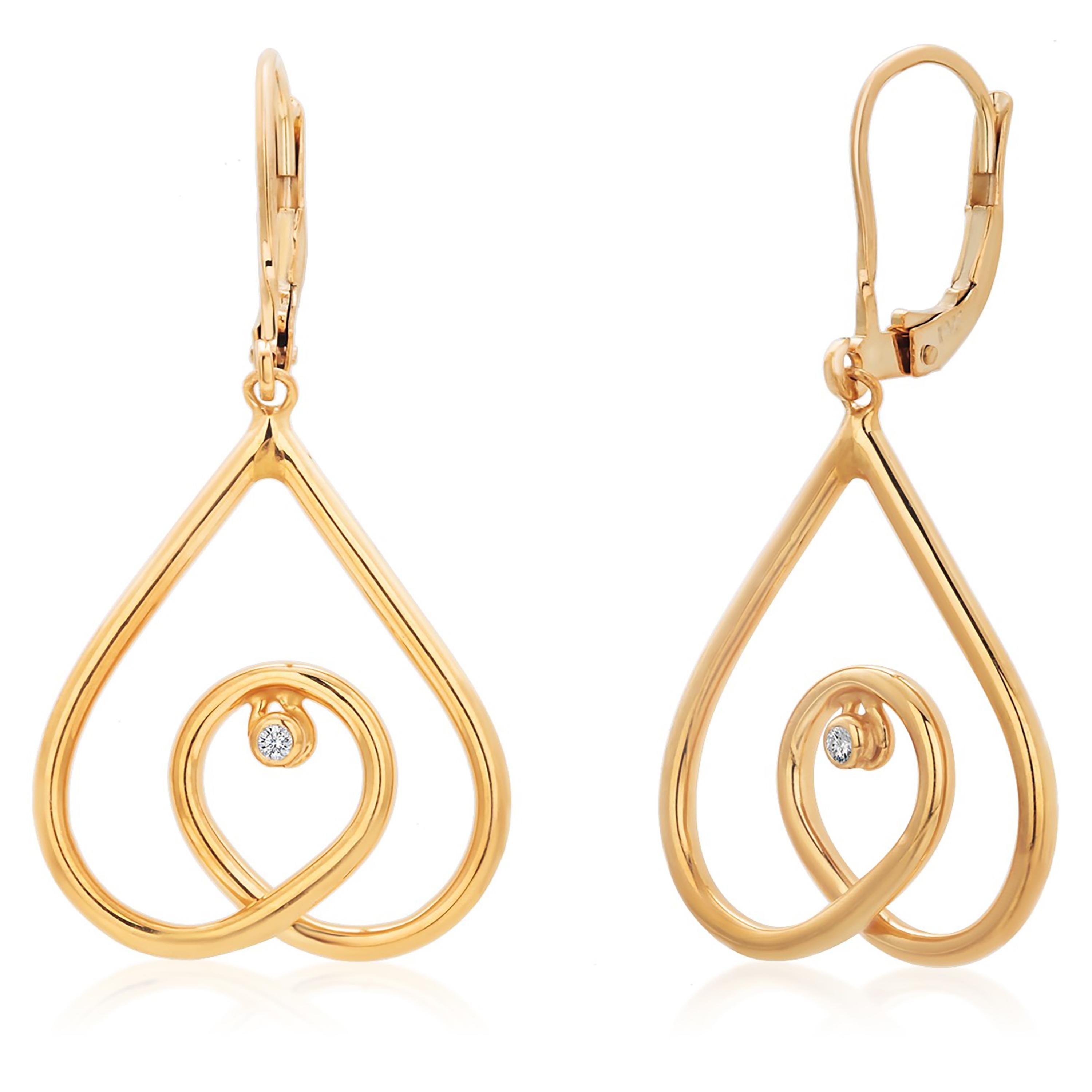 Boucles d'oreilles pendantes en or jaune 14 carats avec diamant en forme de coeur ouvert 0.10 carat en vente 1