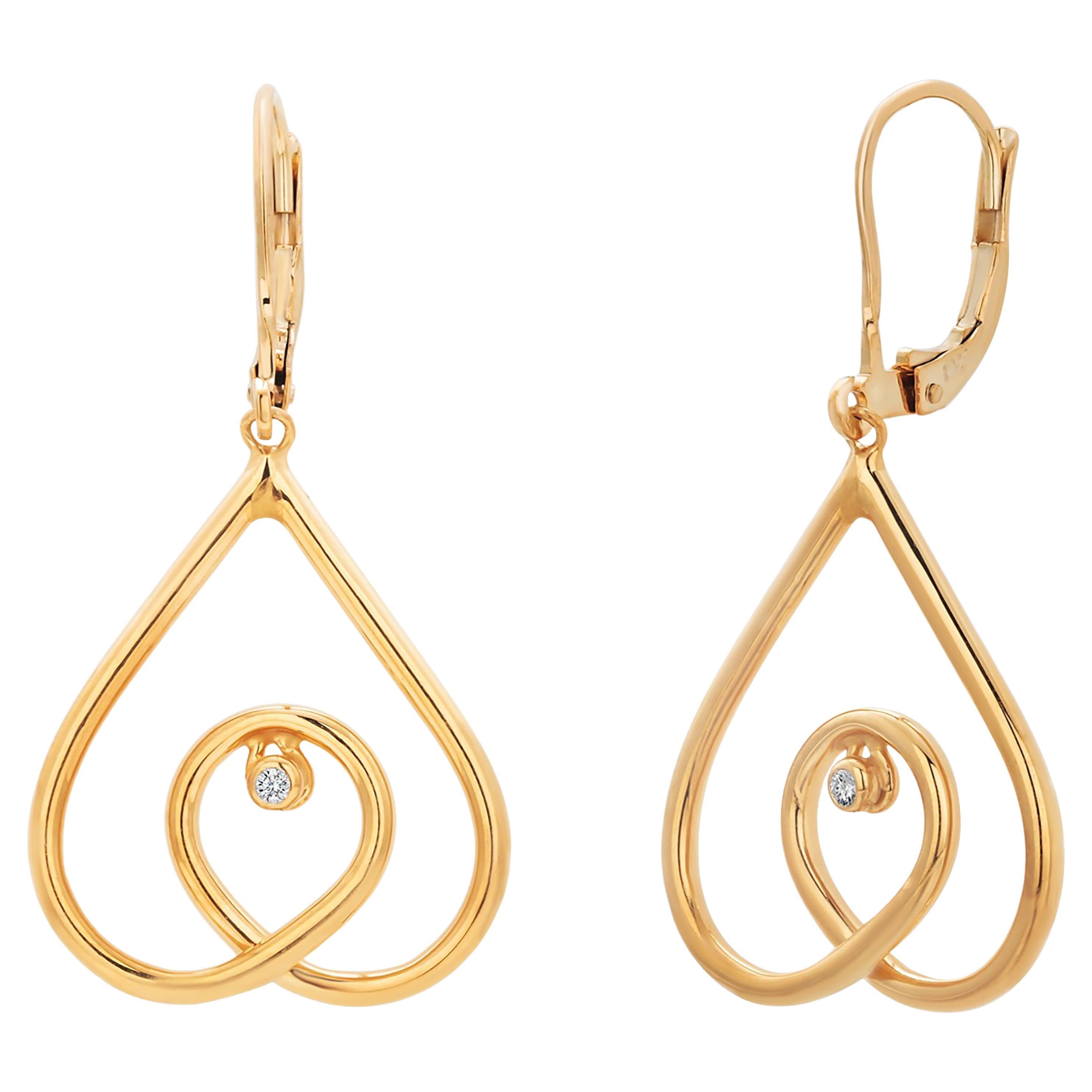Open Heart Diamond 0.10 Carat 14 Karat Yellow Gold 0.90 Inch Drop Earrings  For Sale