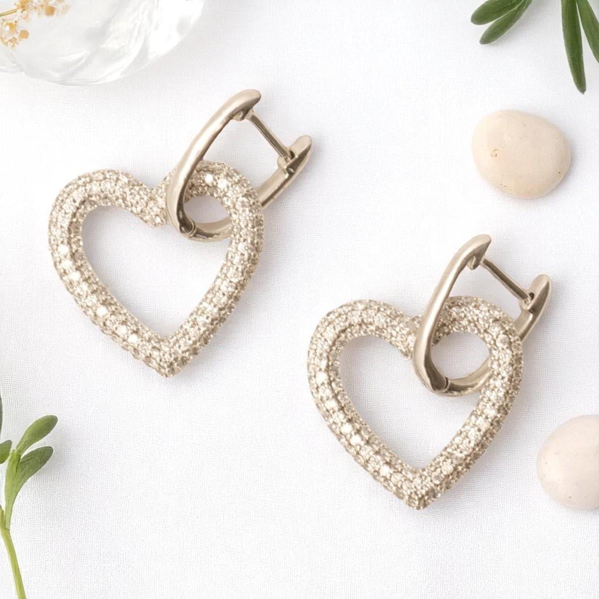 Offene Herz-Diamant-Tropfen-Ohrringe aus 14k massivem Gold (zertifiziert) Damen im Angebot