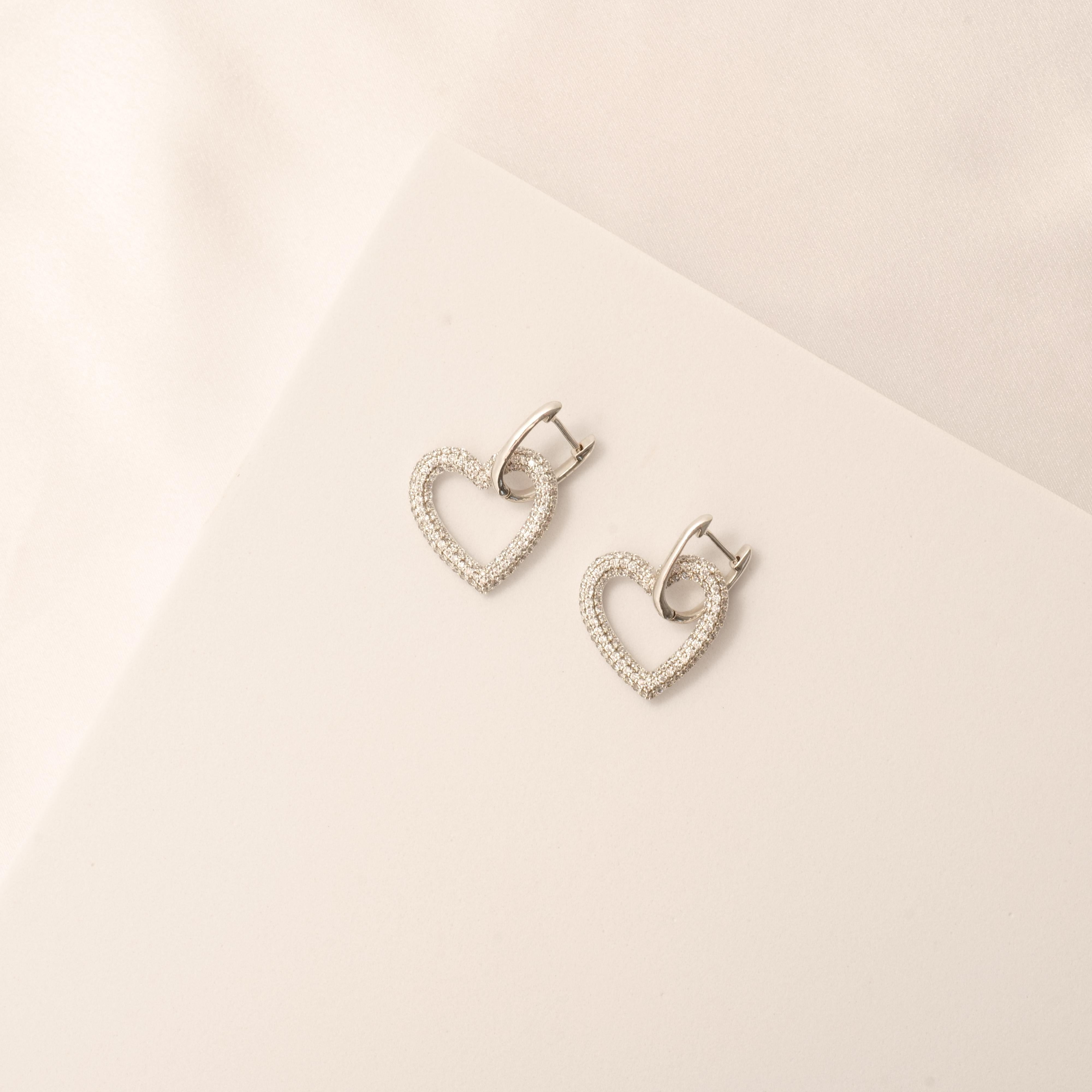 Open Heart Diamond Drop Pave Earrings in 14k Solid Gold (Certified) For Sale 2