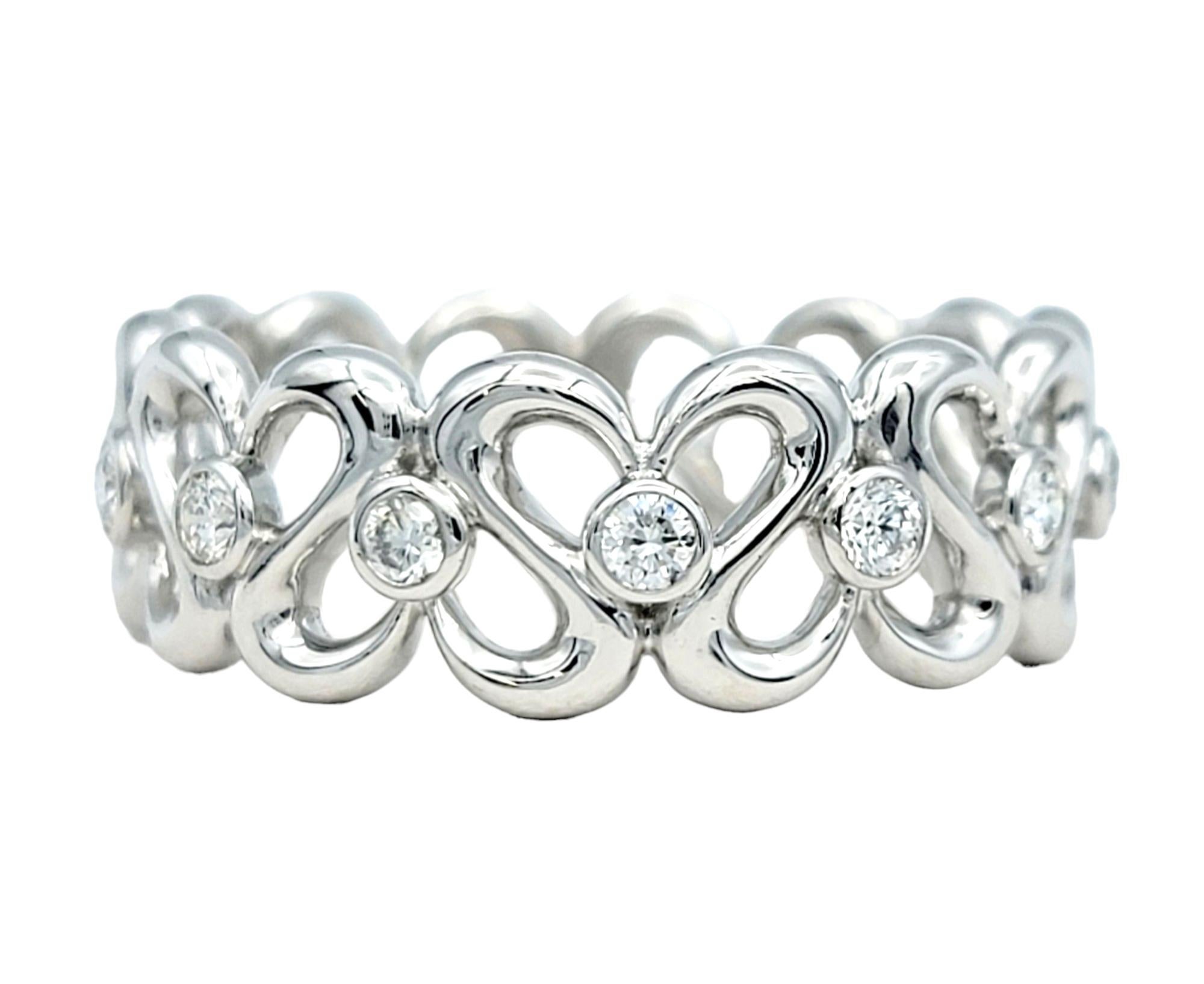 Round Cut Open Heart Motif Band Ring with Diamonds Set in Polished 18 Karat White Gold For Sale