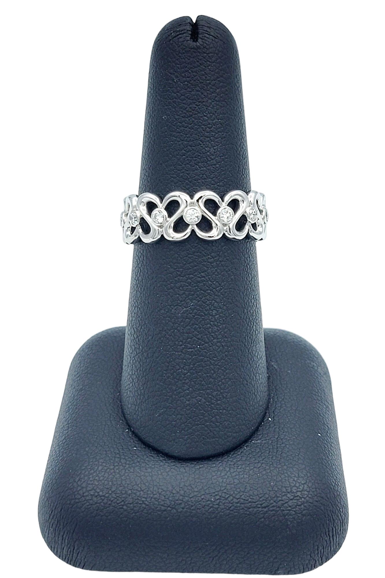 Open Heart Motif Band Ring with Diamonds Set in Polished 18 Karat White Gold For Sale 1