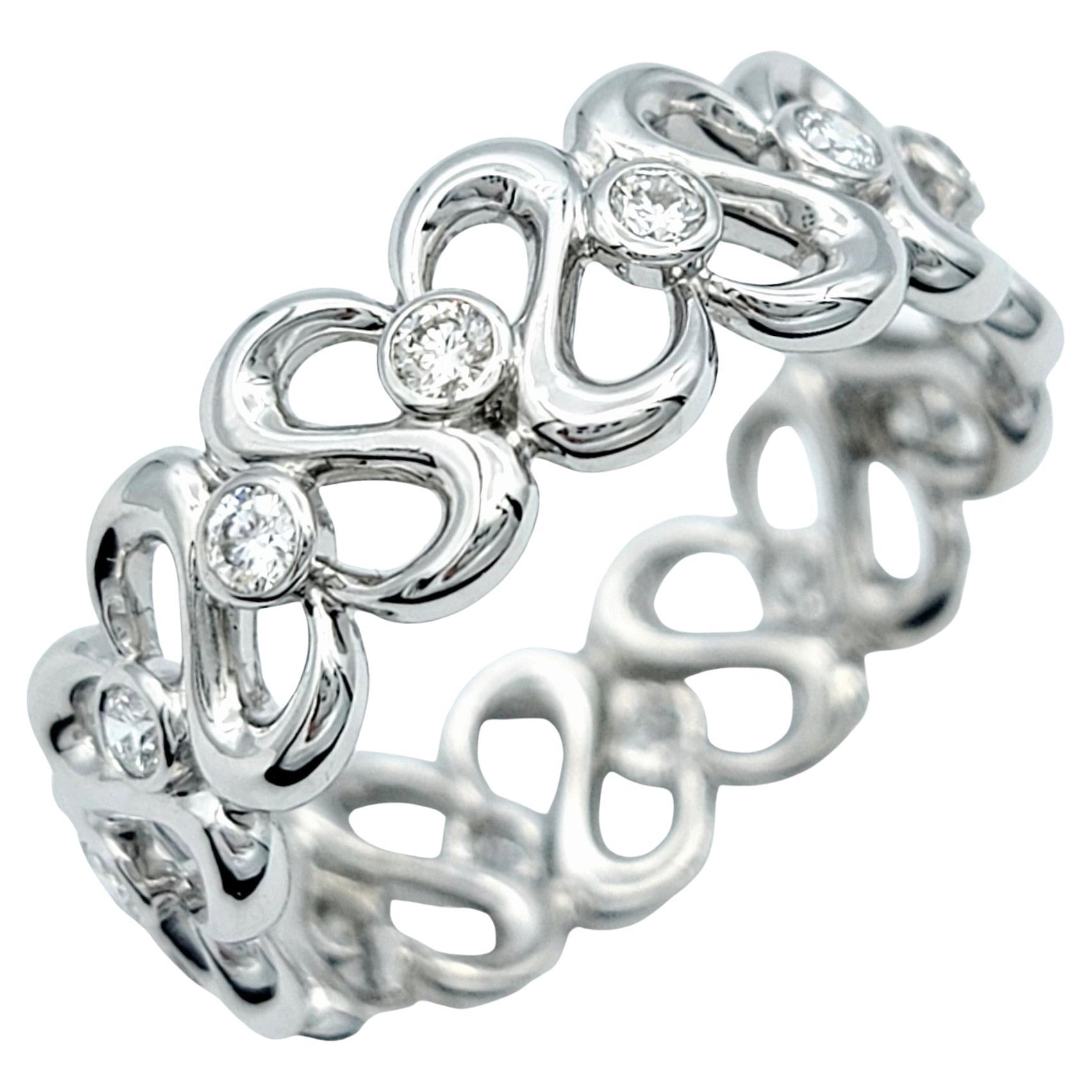 Open Heart Motif Band Ring with Diamonds Set in Polished 18 Karat White Gold For Sale