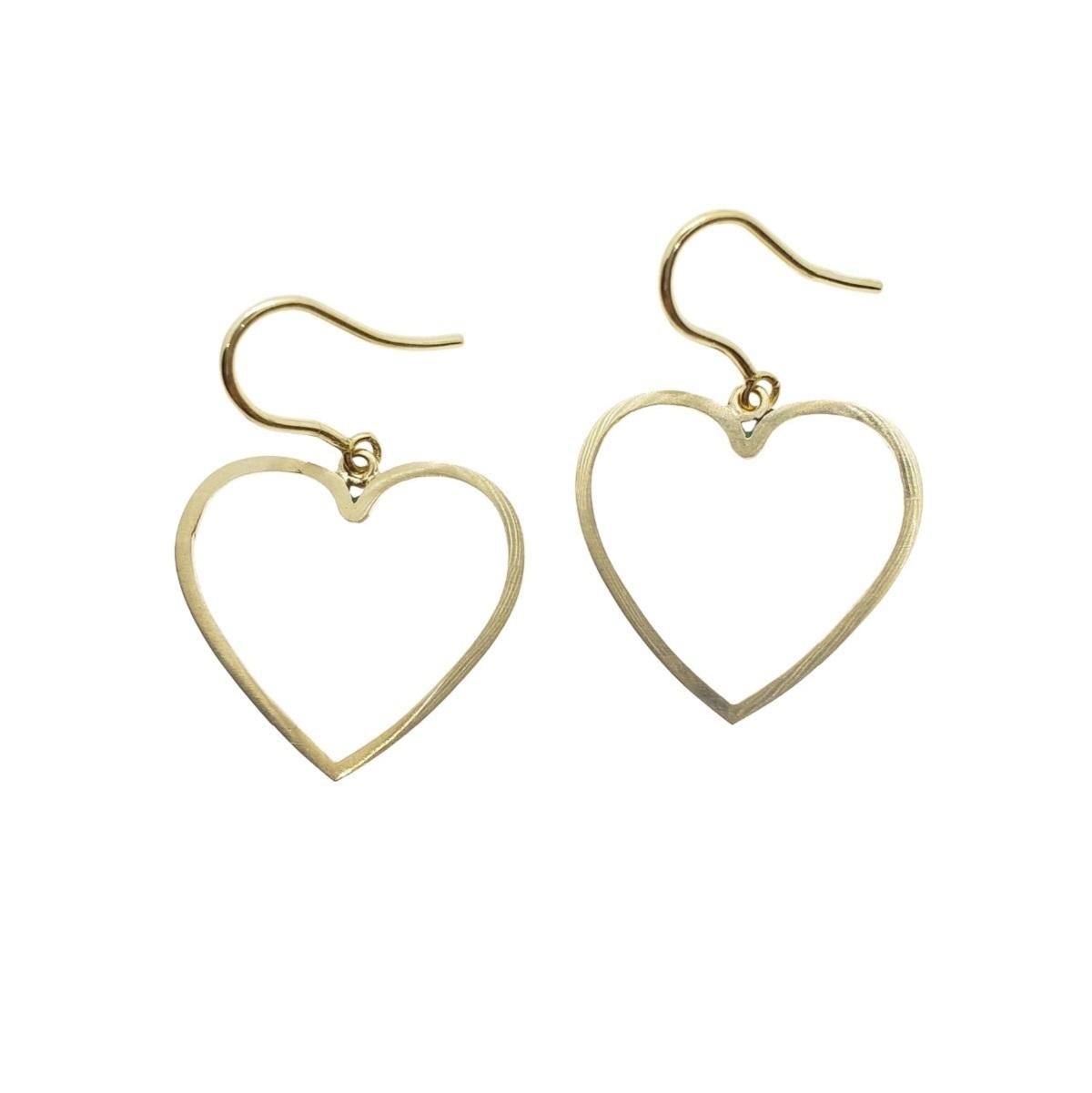 Contemporary Open Heart Outline Dangle Earrings on Handmade Euro Wire in 14K Yellow Gold For Sale