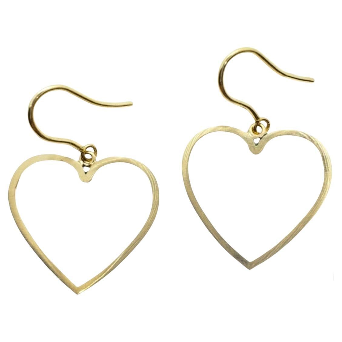 Open Heart Outline Dangle Earrings on Handmade Euro Wire in 14K Yellow Gold For Sale